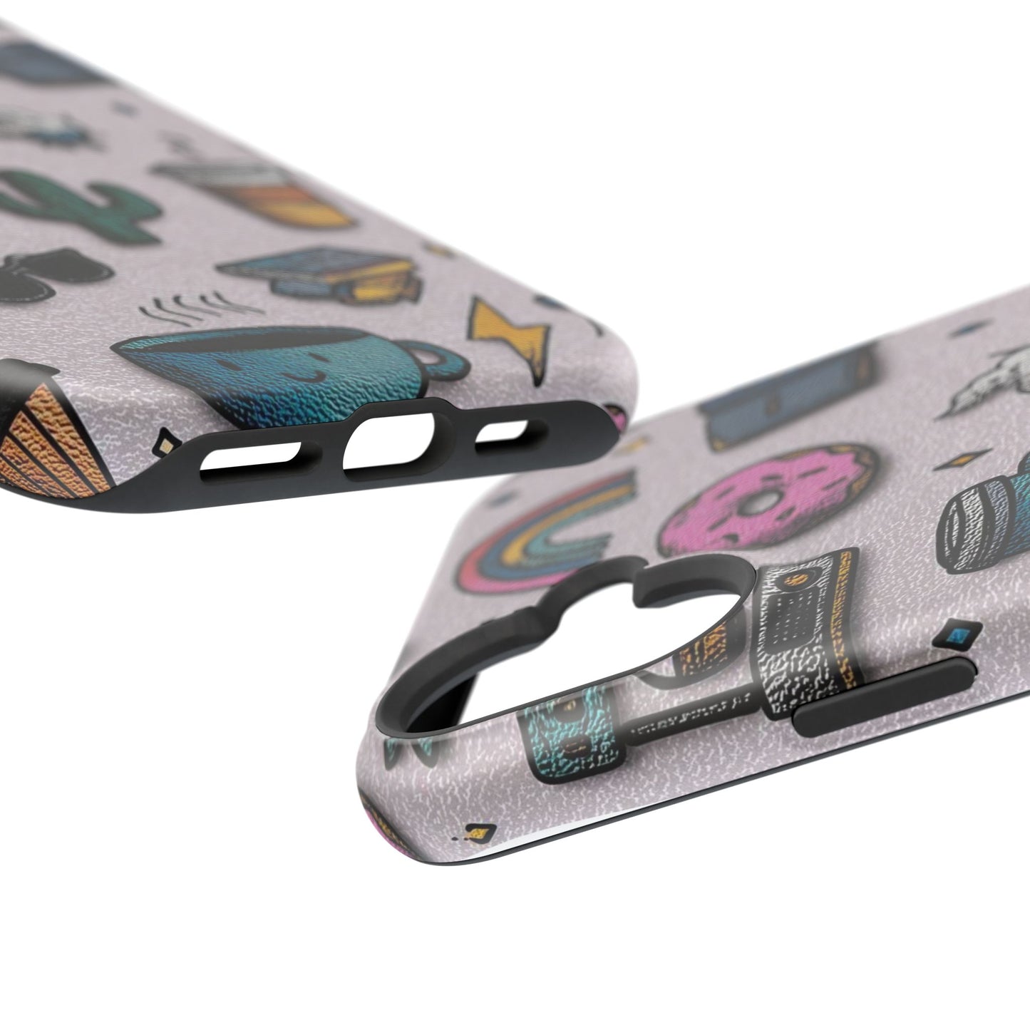 Cute Doodle Phone Case — Magnetic Impact-Resistant Design (coffee, rainbow, cactus)