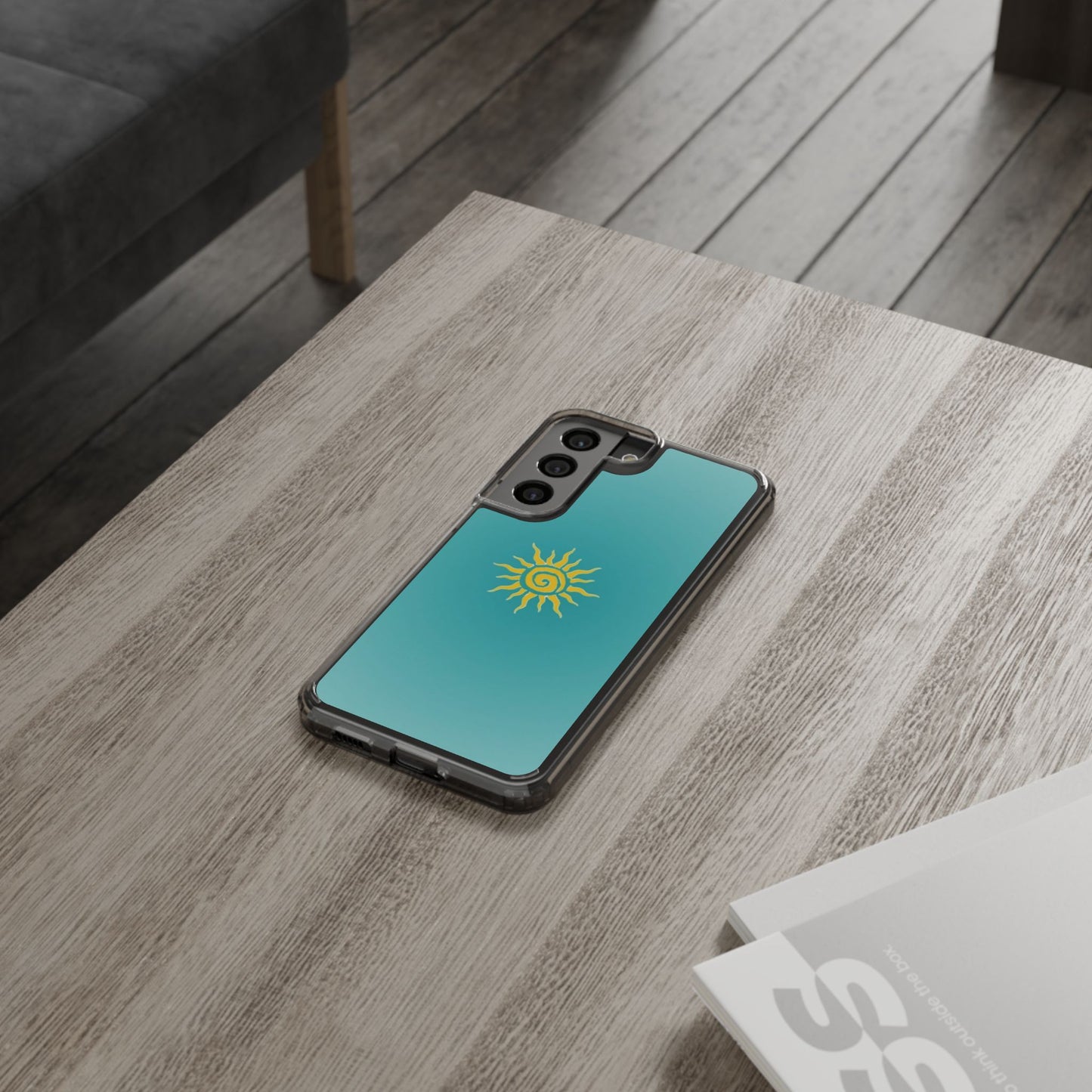 Clear Impact-Resistant Phone Case — Yellow Sun on Teal Gradient