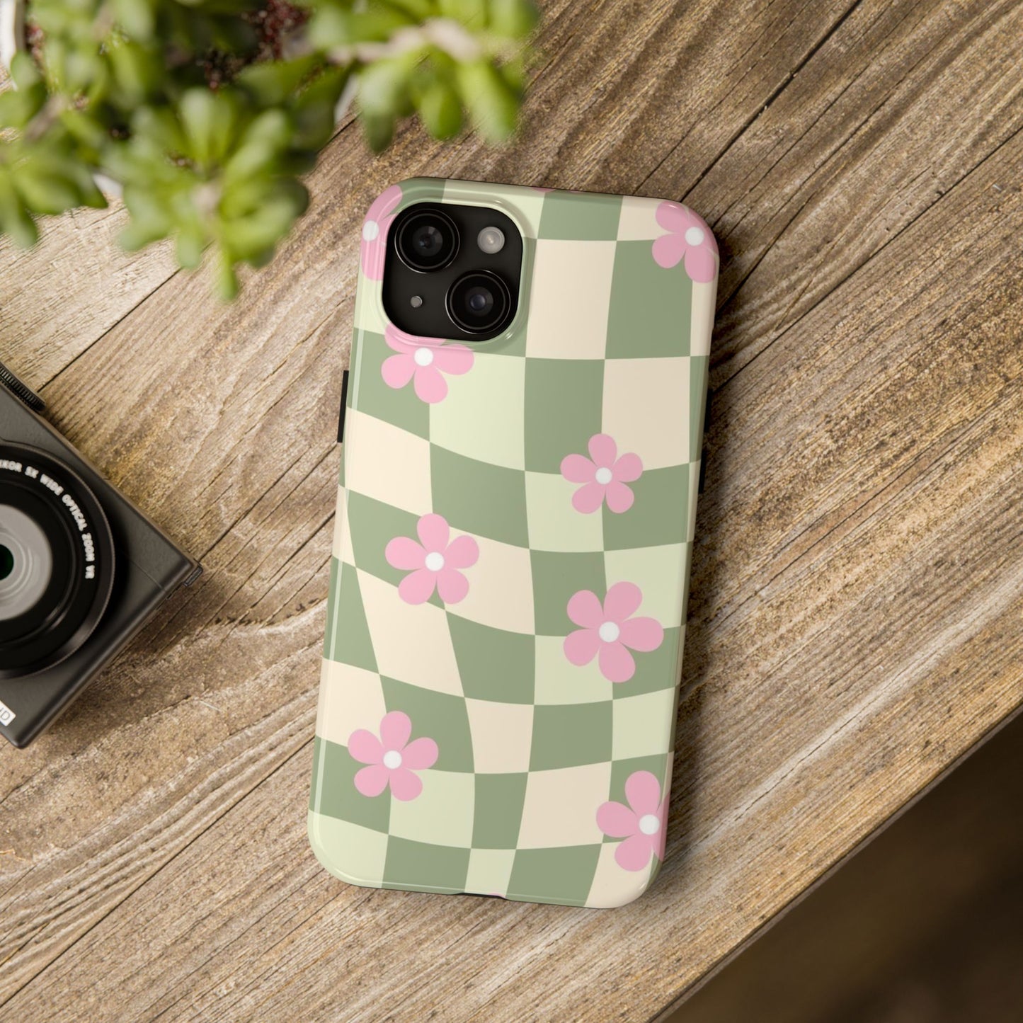Tough Phone Case — Retro Green Checkerboard with Pink Flowers