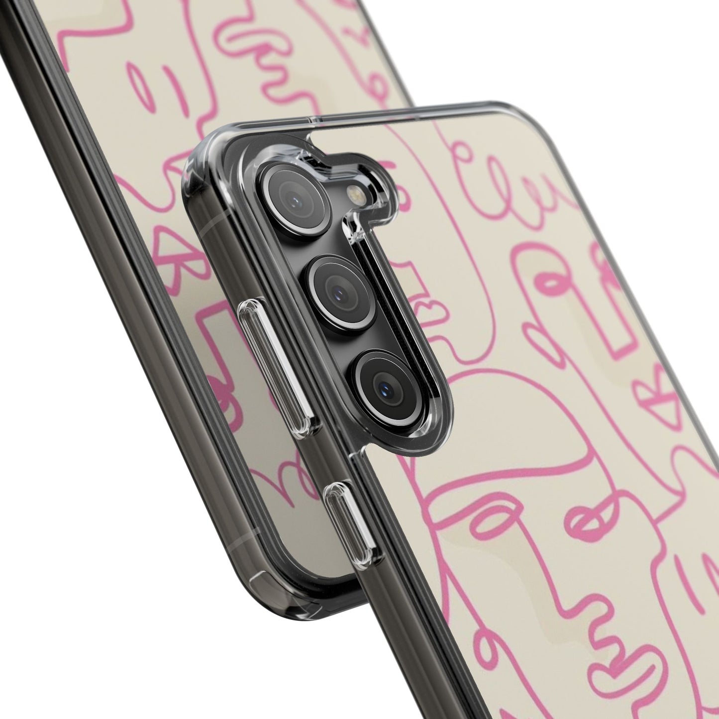 Clear Impact-Resistant Phone Case — Pink Minimalist Line Faces Design