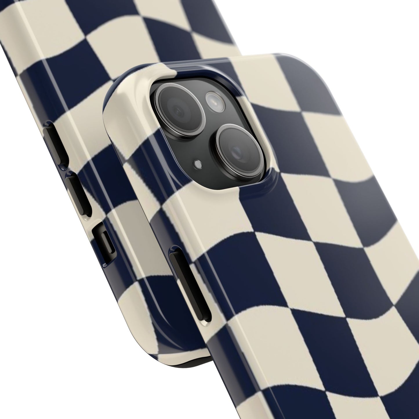 Wavy Checkerboard Tough Phone Case — Navy & Cream Protective Cover