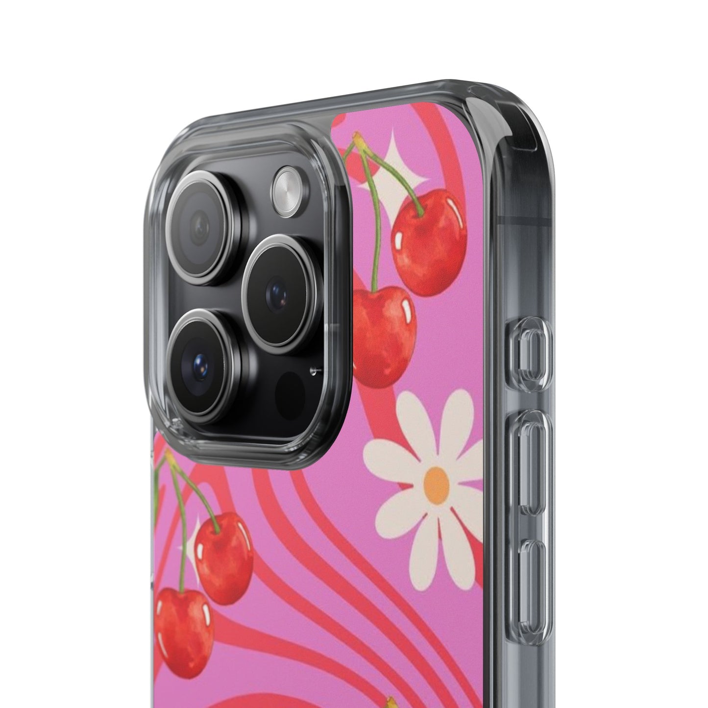 Clear Impact Phone Case — Retro Cherry & Daisy Floral Design