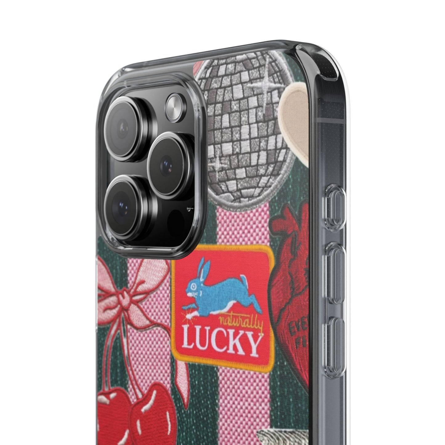 Clear Impact-Resistant Phone Case — Retro Patchwork Stickers (Lucky, Cherries, Silly Goose)
