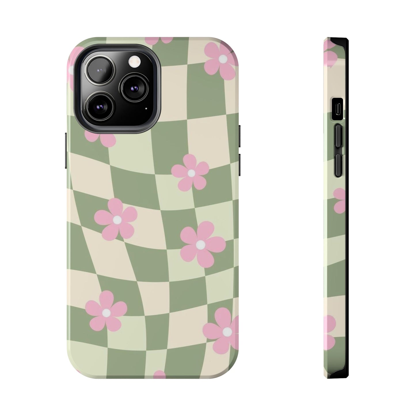 Tough Phone Case — Retro Green Checkerboard with Pink Flowers