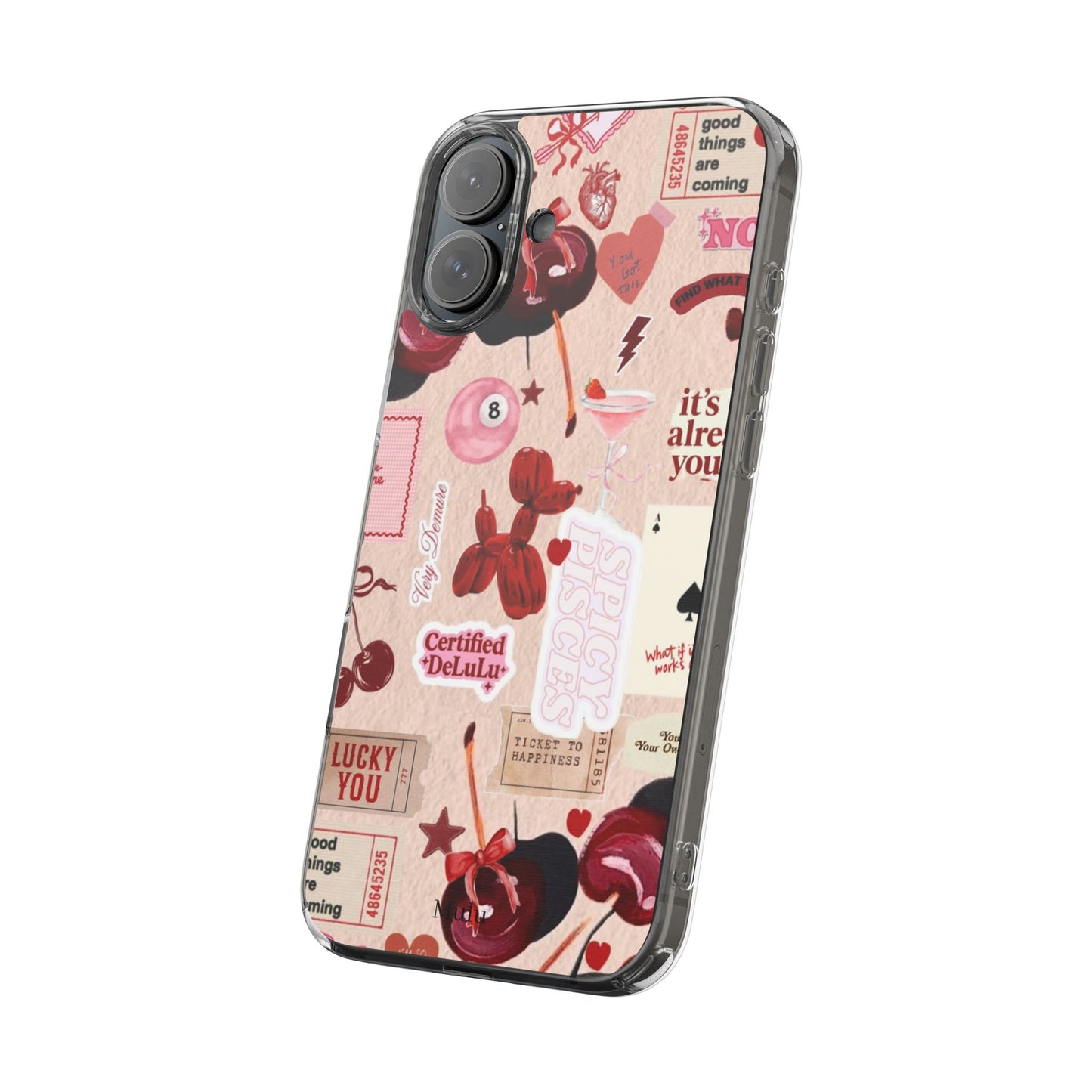 Clear Impact-Resistant Phone Case — Retro Cherry & Sticker Collage