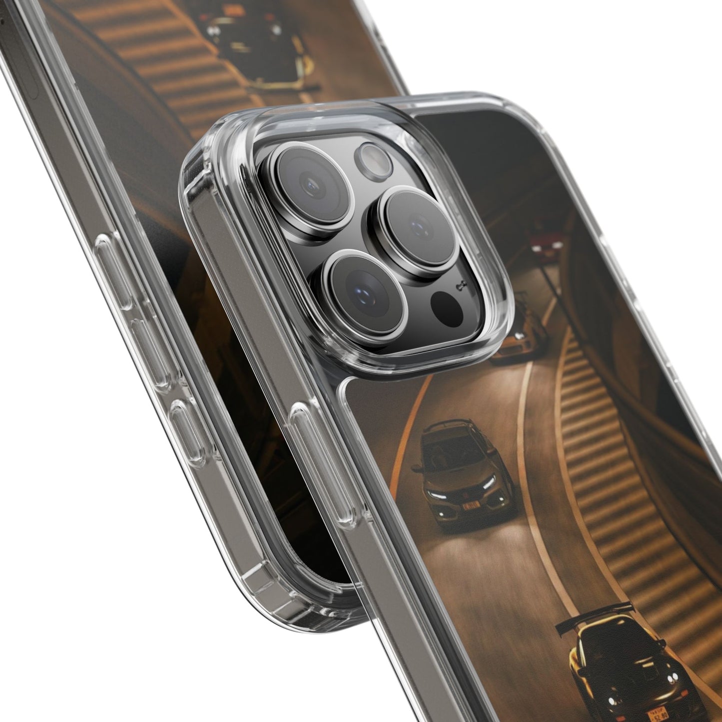 Racing Night Clear Phone Case – Sports Cars on Curved Highway