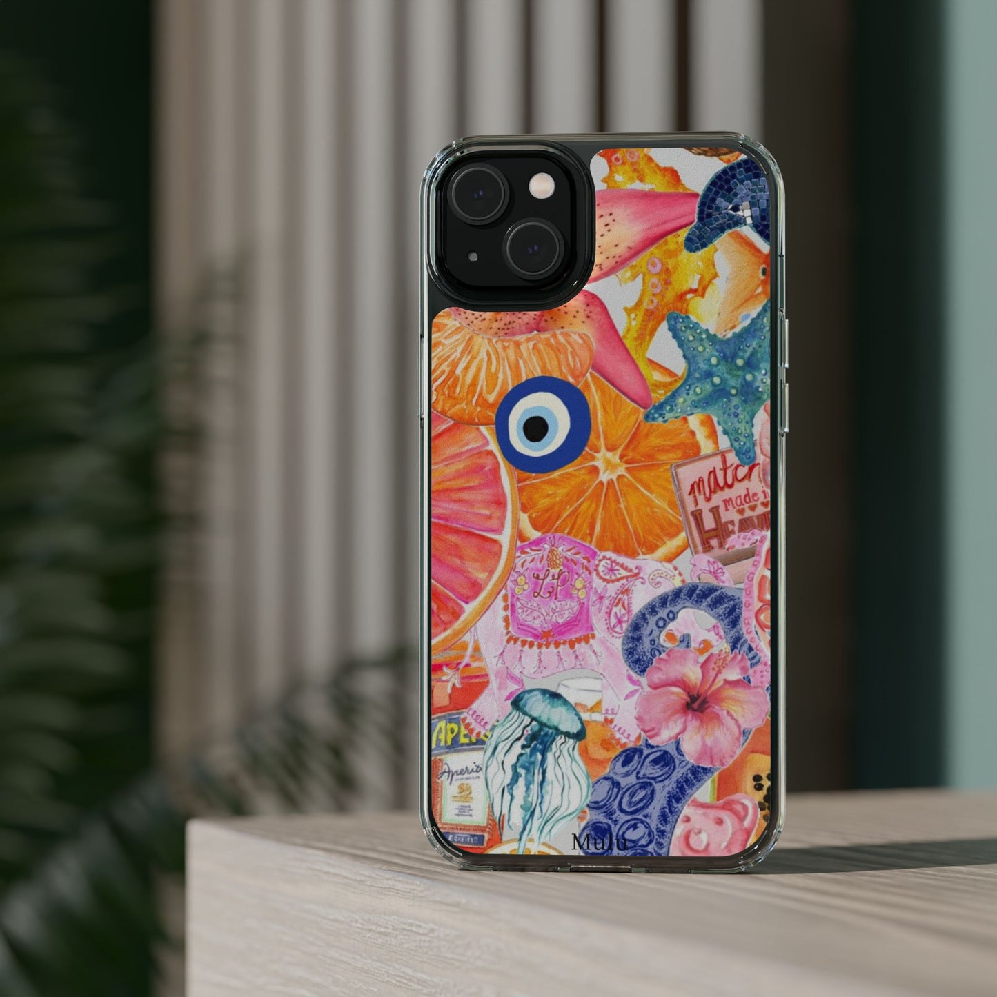 Clear Impact-Resistant Phone Case — Colorful Tropical Collage Design