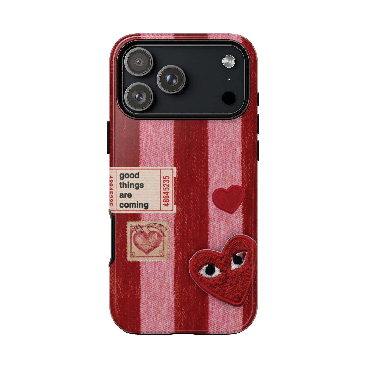 Phone Case — Red Striped Heart Design with “Good Things Are Coming”