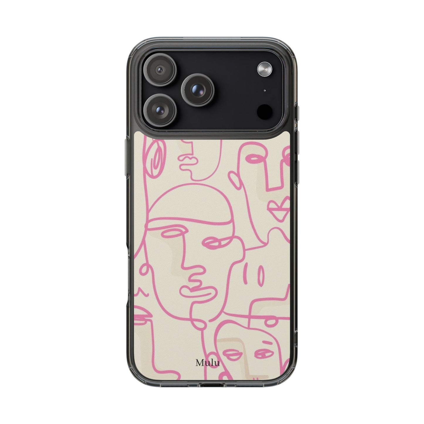 Clear Impact-Resistant Phone Case — Pink Minimalist Line Faces Design