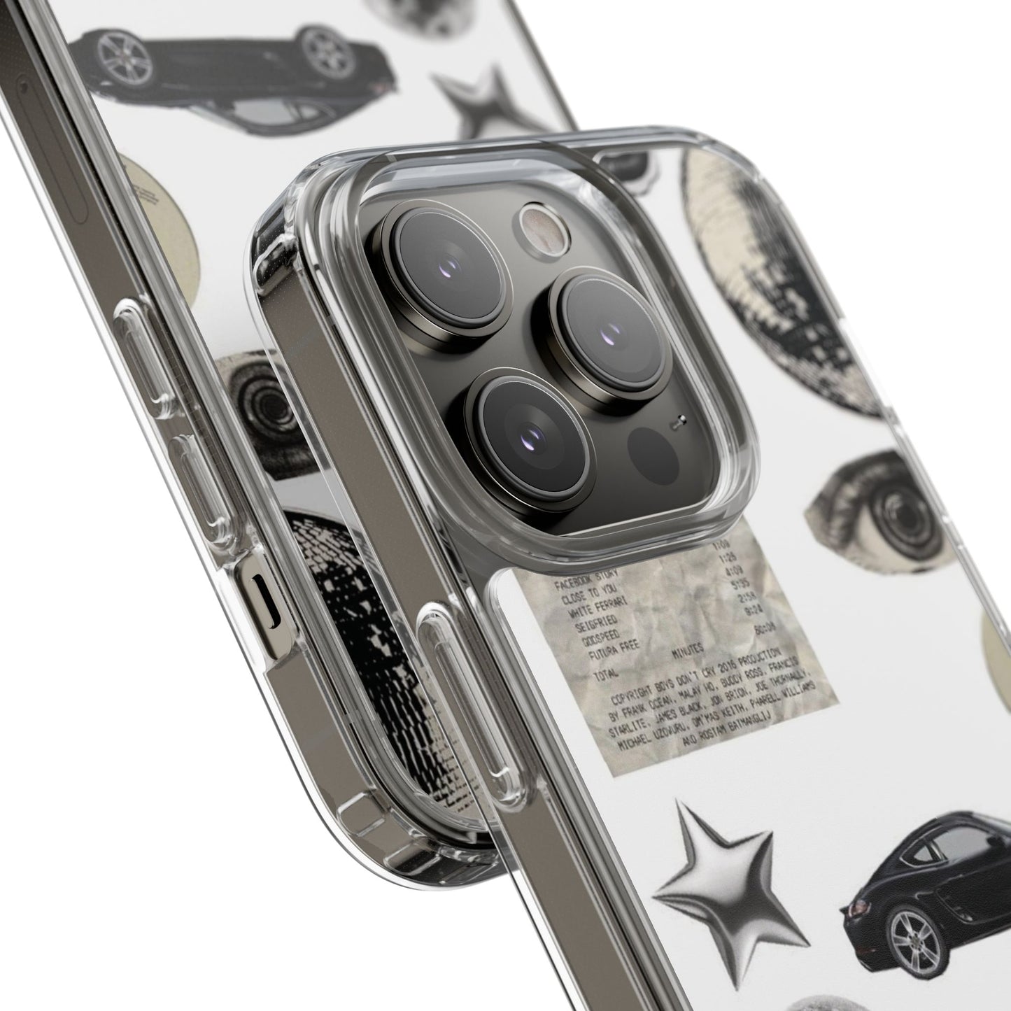 Clear Phone Case — Vintage Collage Stickers (Moon, Eye, Car, Cherries)