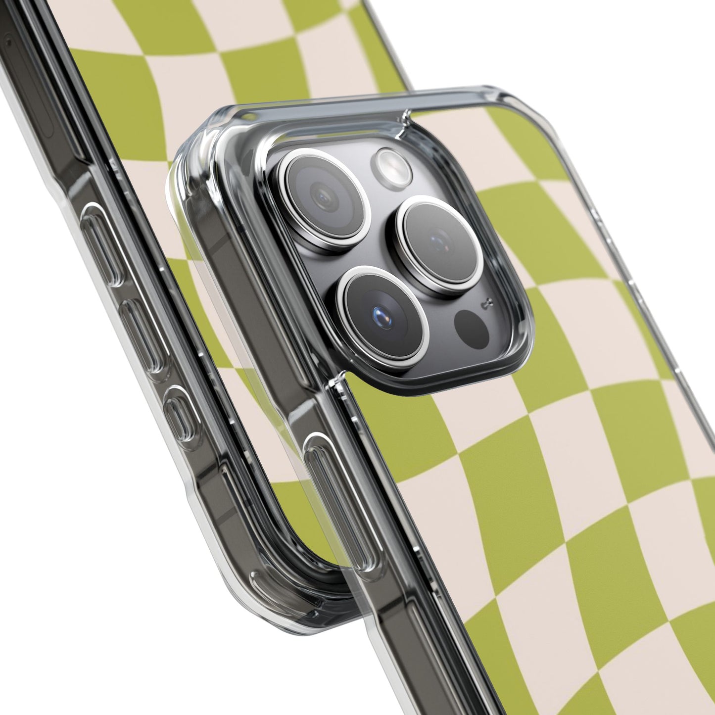 Clear Magnetic Phone Case — Olive Retro Check Pattern