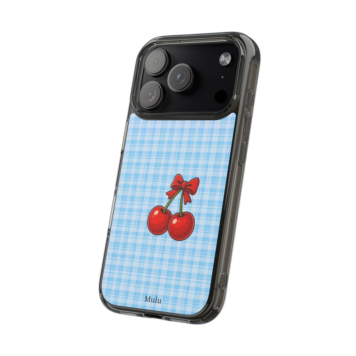 Clear Cherry Gingham Phone Case — Impact-Resistant Clear Case with Red Cherry Design