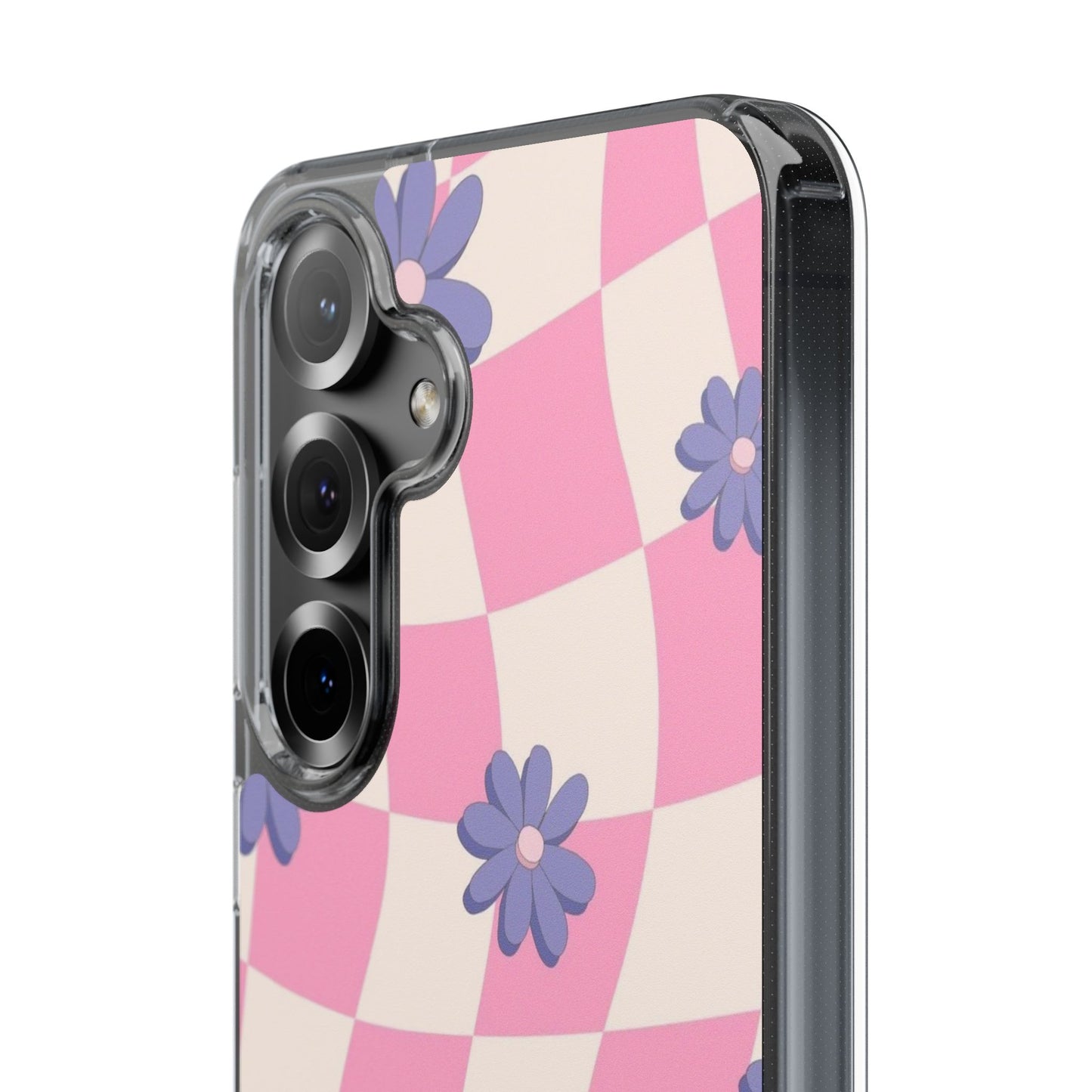 Clear Impact Phone Case — Pink Checkerboard with Purple Flowers
