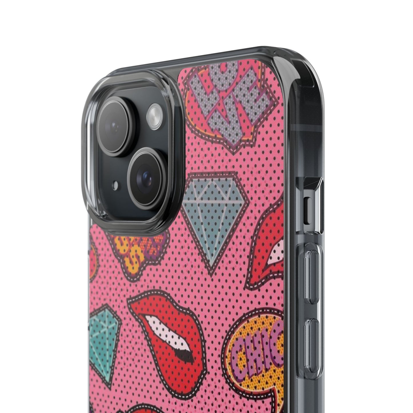 Clear Impact-Resistant Phone Case — Pink Pop Sticker Pattern (Hearts, Rainbows, Smileys)