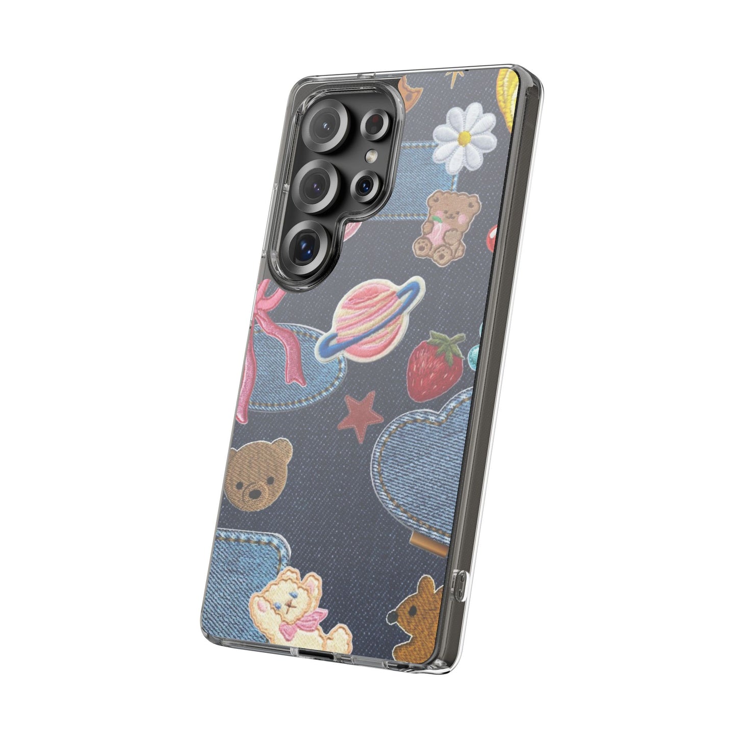 Clear Impact-Resistant Phone Case — Cute Denim Patch Collage (Teddy, Strawberry, Planet)