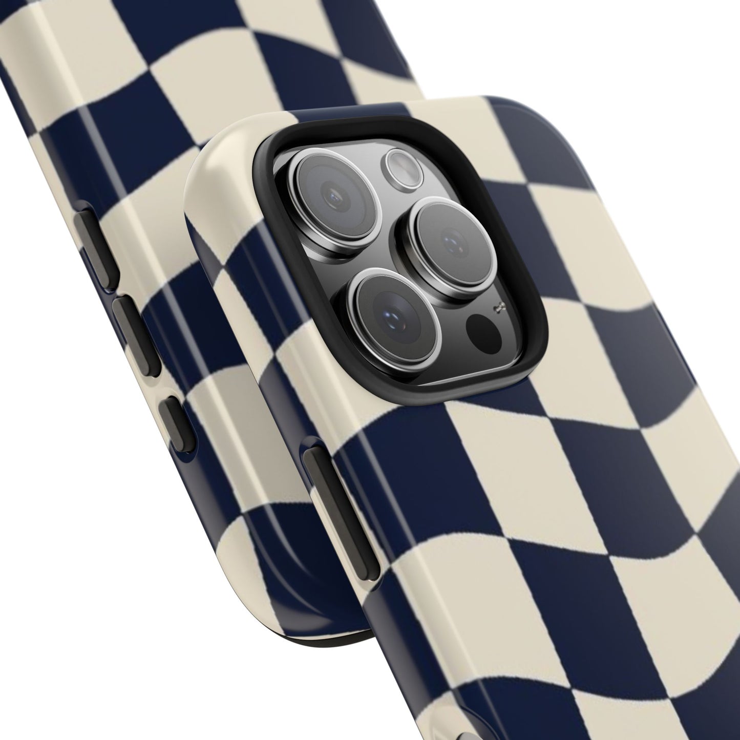 Wavy Checkerboard Tough Phone Case — Navy & Cream Protective Cover
