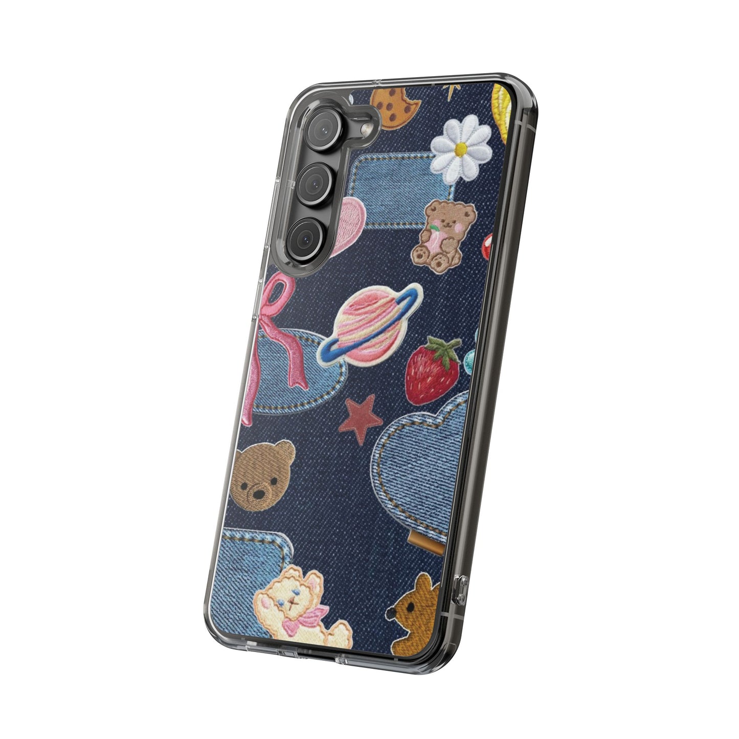 Clear Impact-Resistant Phone Case — Cute Denim Patch Collage (Teddy, Strawberry, Planet)