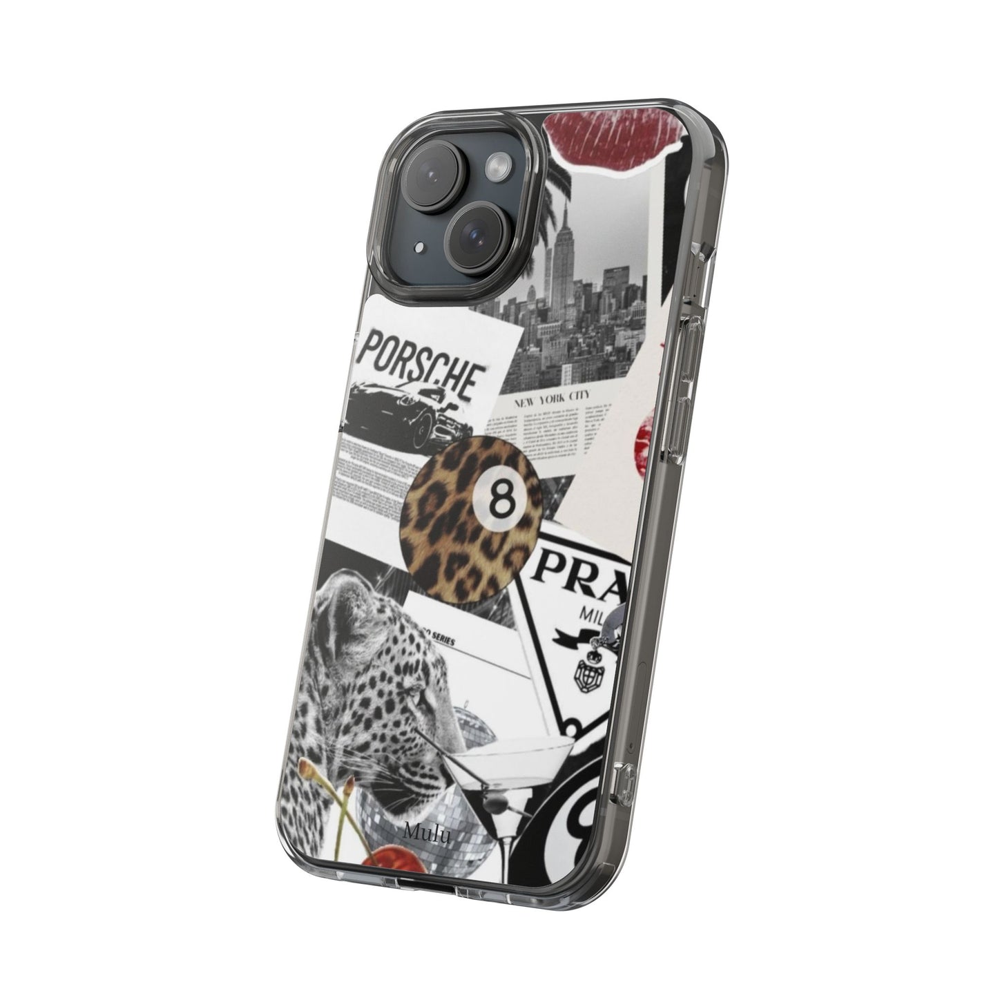 Clear Impact-Resistant Phone Case — Collage Luxury Leopard & Vintage Car Design