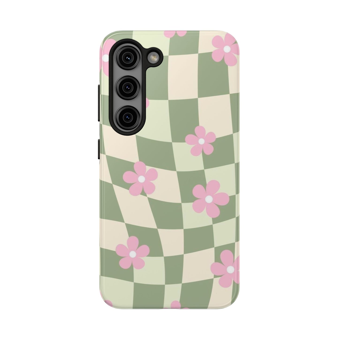 Tough Phone Case — Retro Green Checkerboard with Pink Flowers