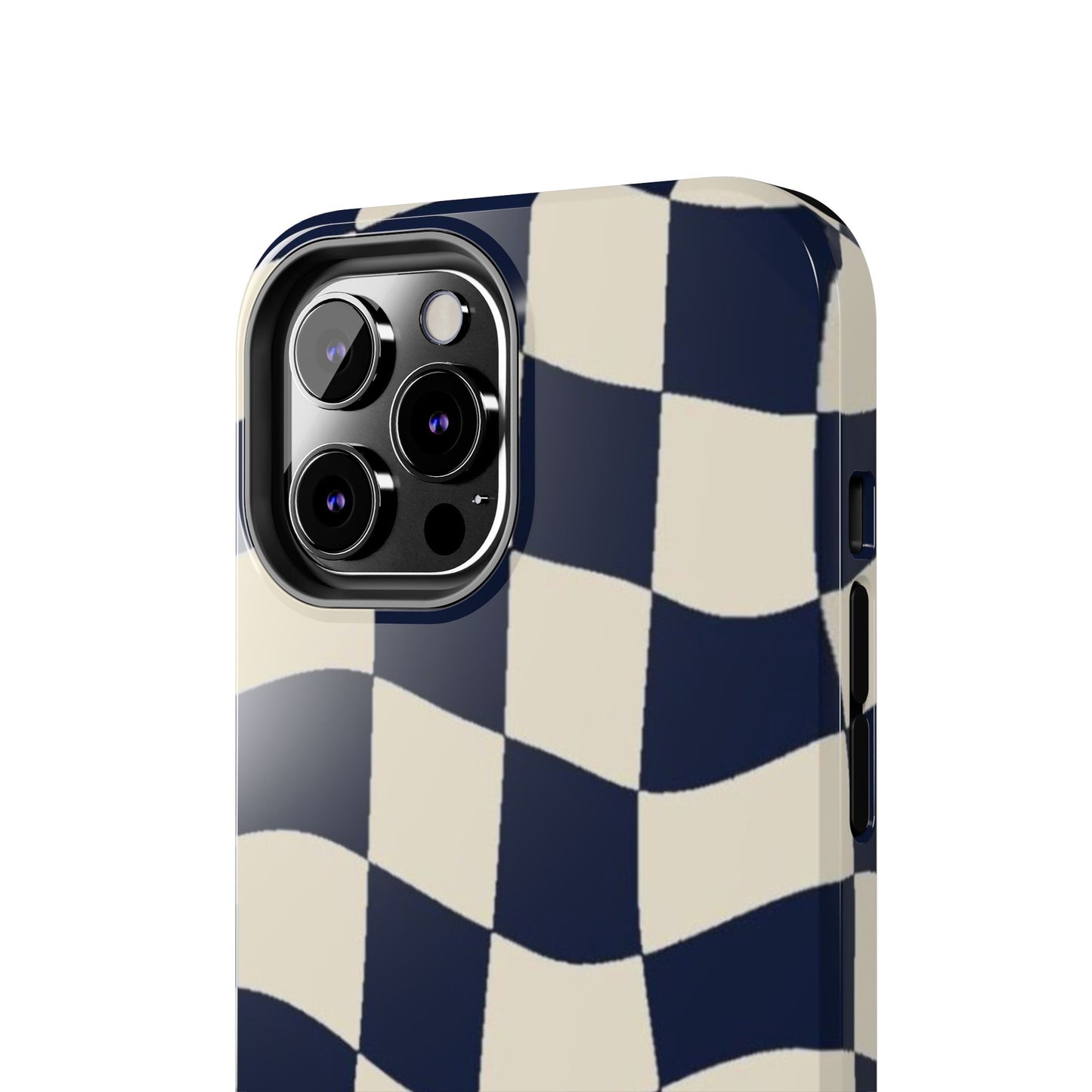 Wavy Checkerboard Tough Phone Case — Navy & Cream Protective Cover