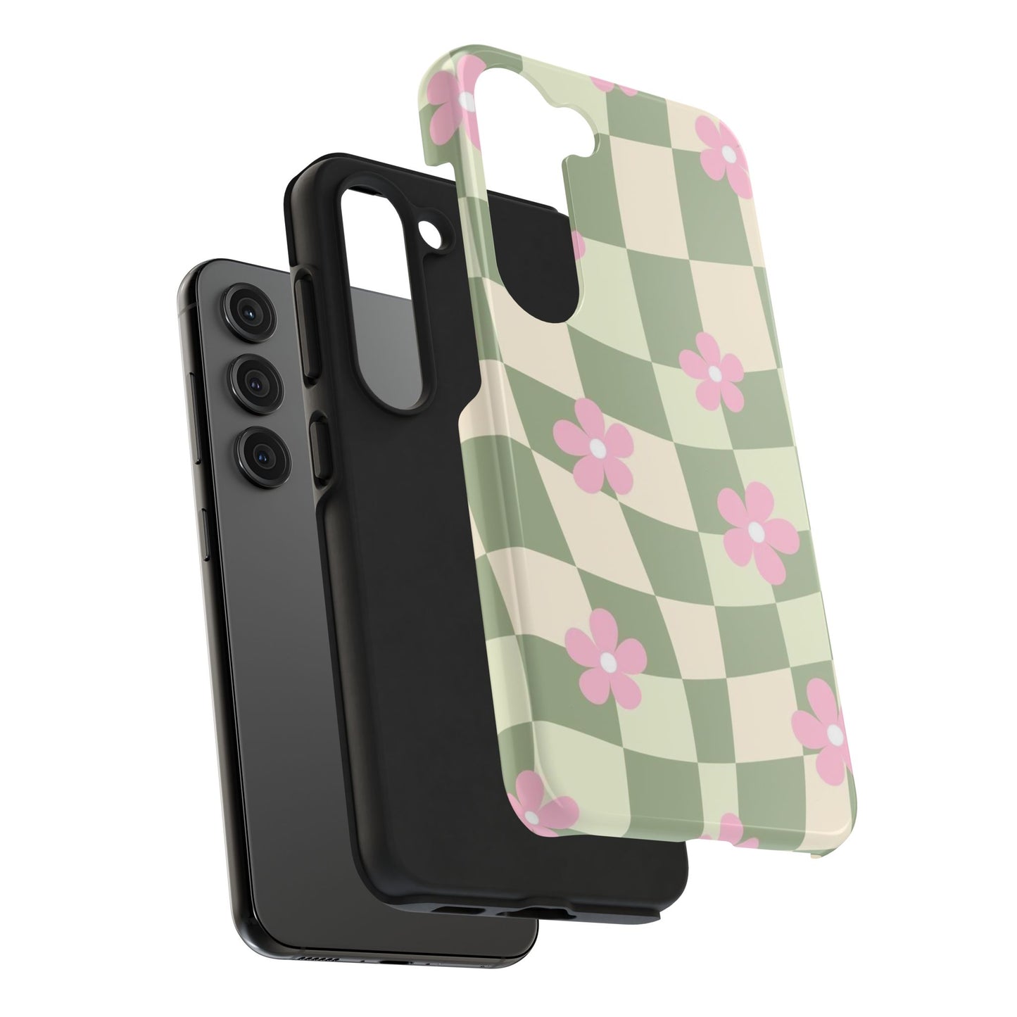 Tough Phone Case — Retro Green Checkerboard with Pink Flowers