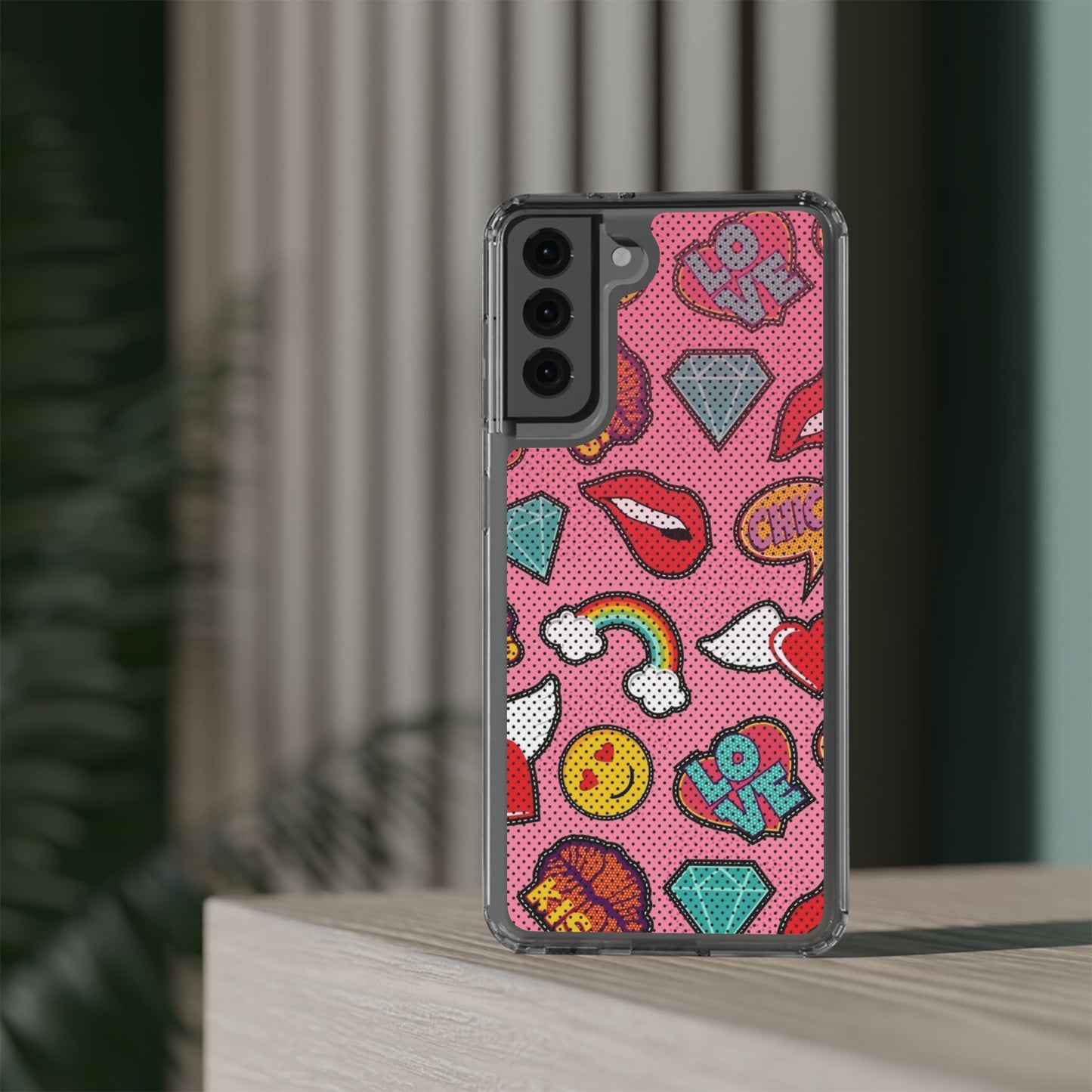 Clear Impact-Resistant Phone Case — Pink Pop Sticker Pattern (Hearts, Rainbows, Smileys)