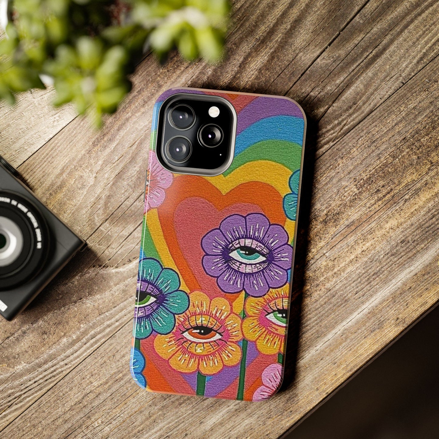Psychedelic Eye Flower Tough Phone Case — Retro Rainbow Protective iPhone Cover