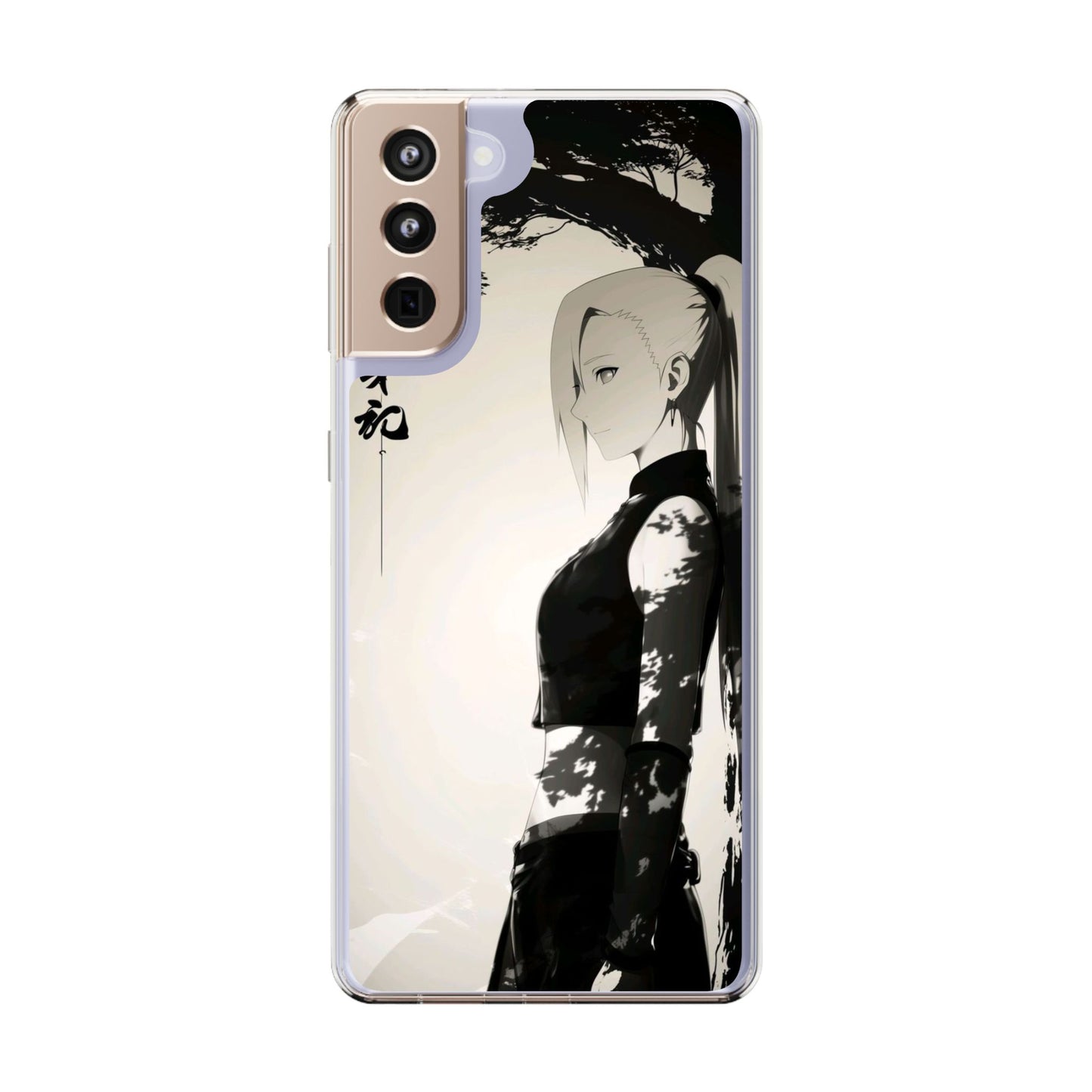 Anime Samurai Clear Phone Case — Monochrome Sumi-E Style
