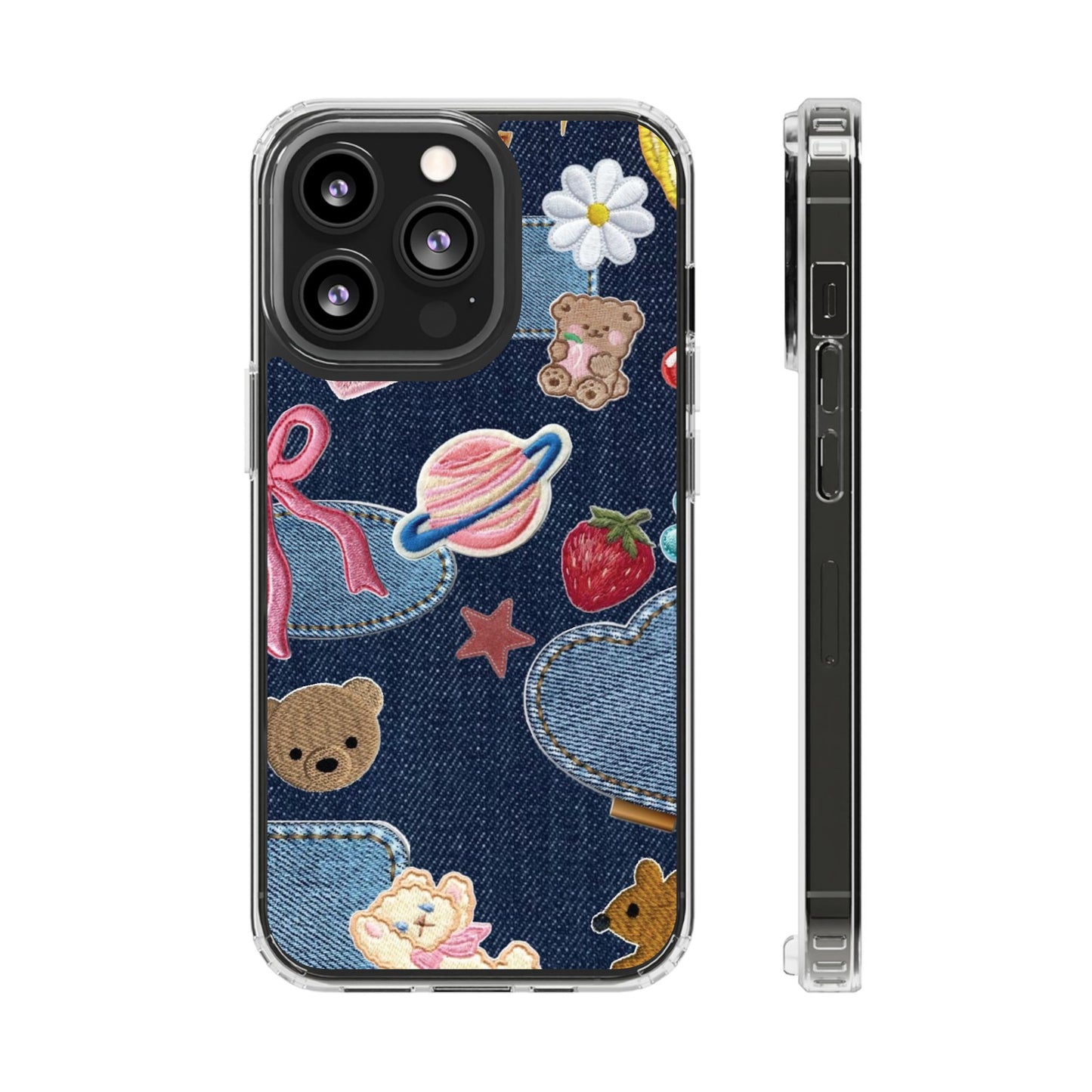Clear Impact-Resistant Phone Case — Cute Denim Patch Collage (Teddy, Strawberry, Planet)