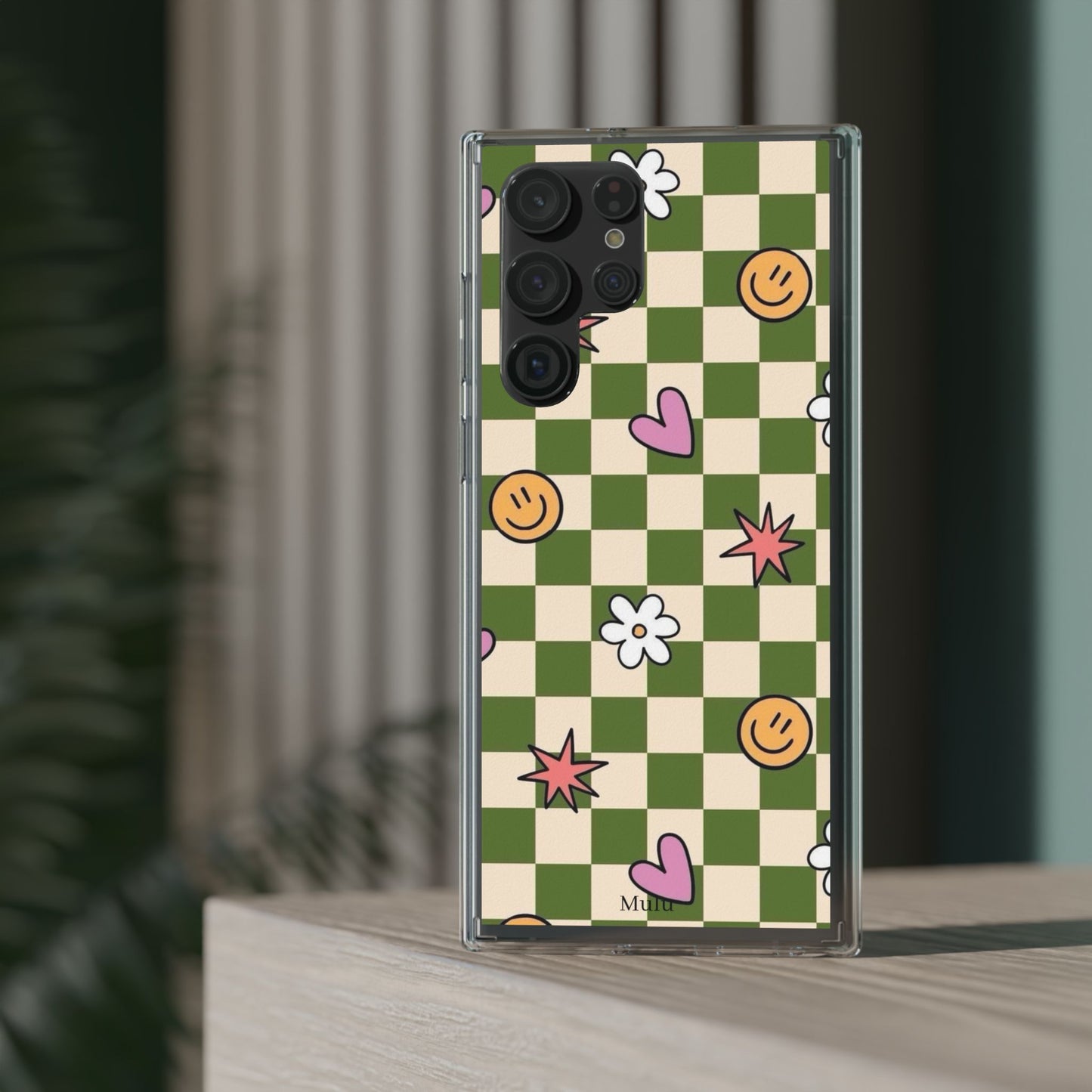 Clear Impact-Resistant Case — Retro Green Checkerboard with Smiley, Hearts & Flowers
