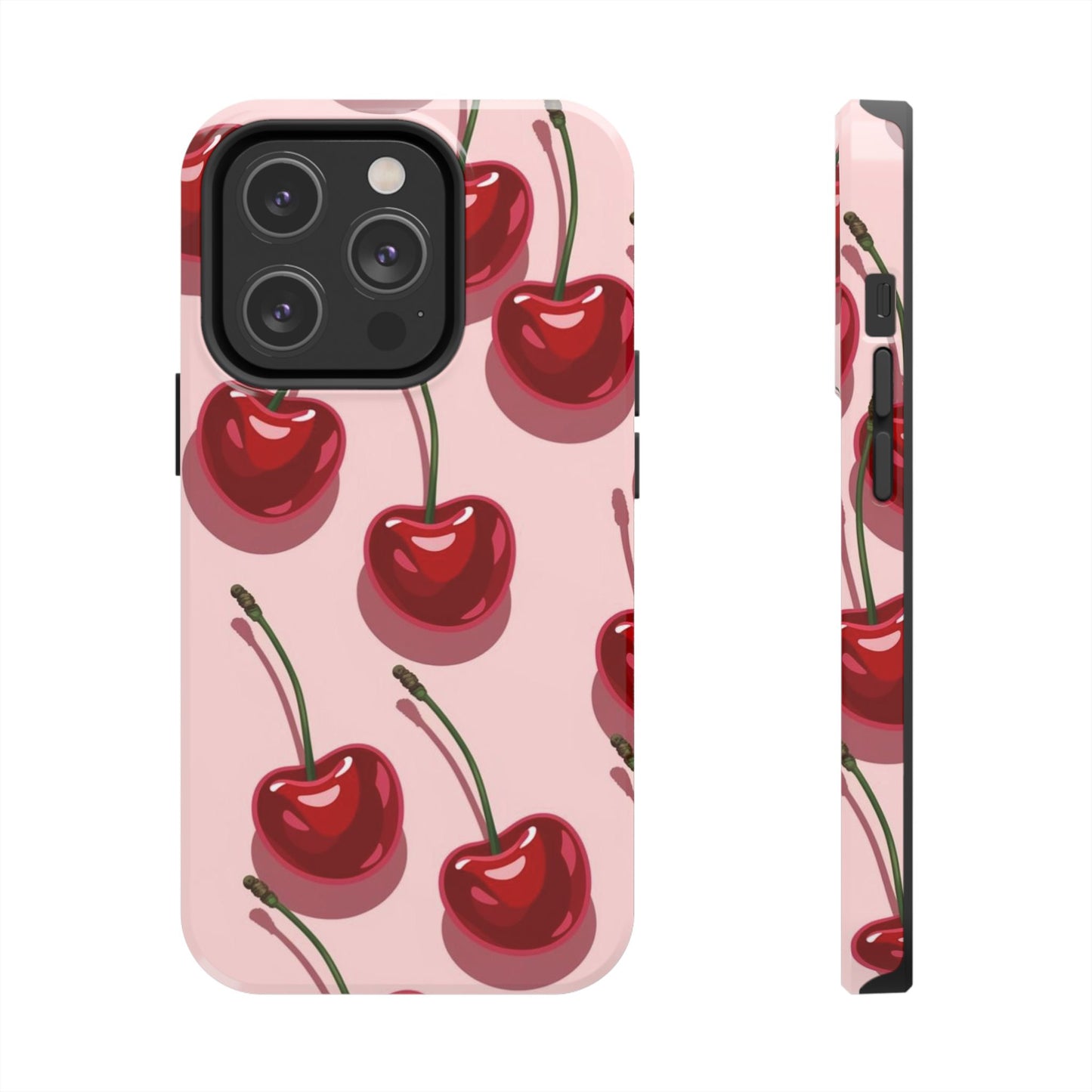 Cherry Pattern Tough Phone Case — Retro Pink Cherry Print Protective Phone Case