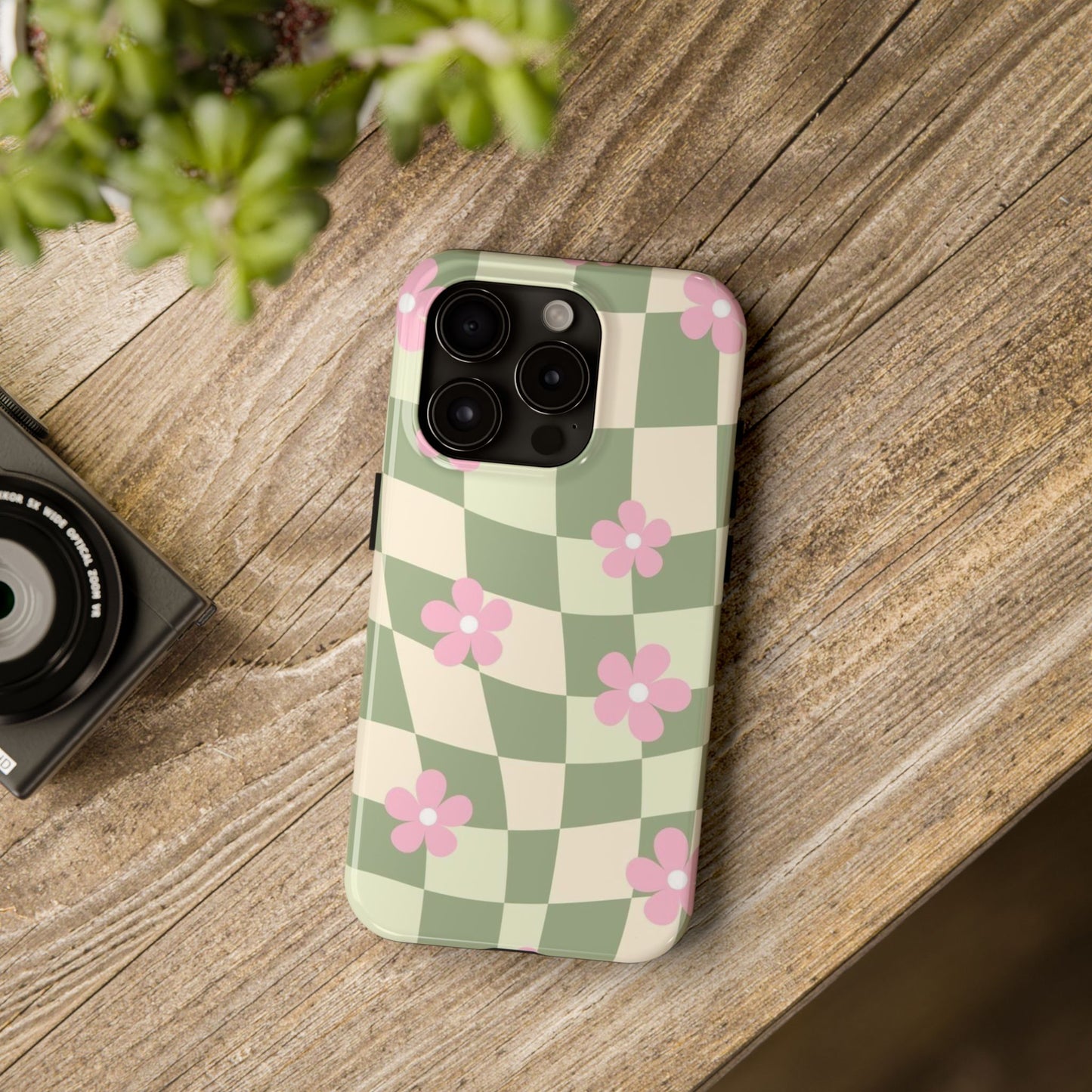 Tough Phone Case — Retro Green Checkerboard with Pink Flowers