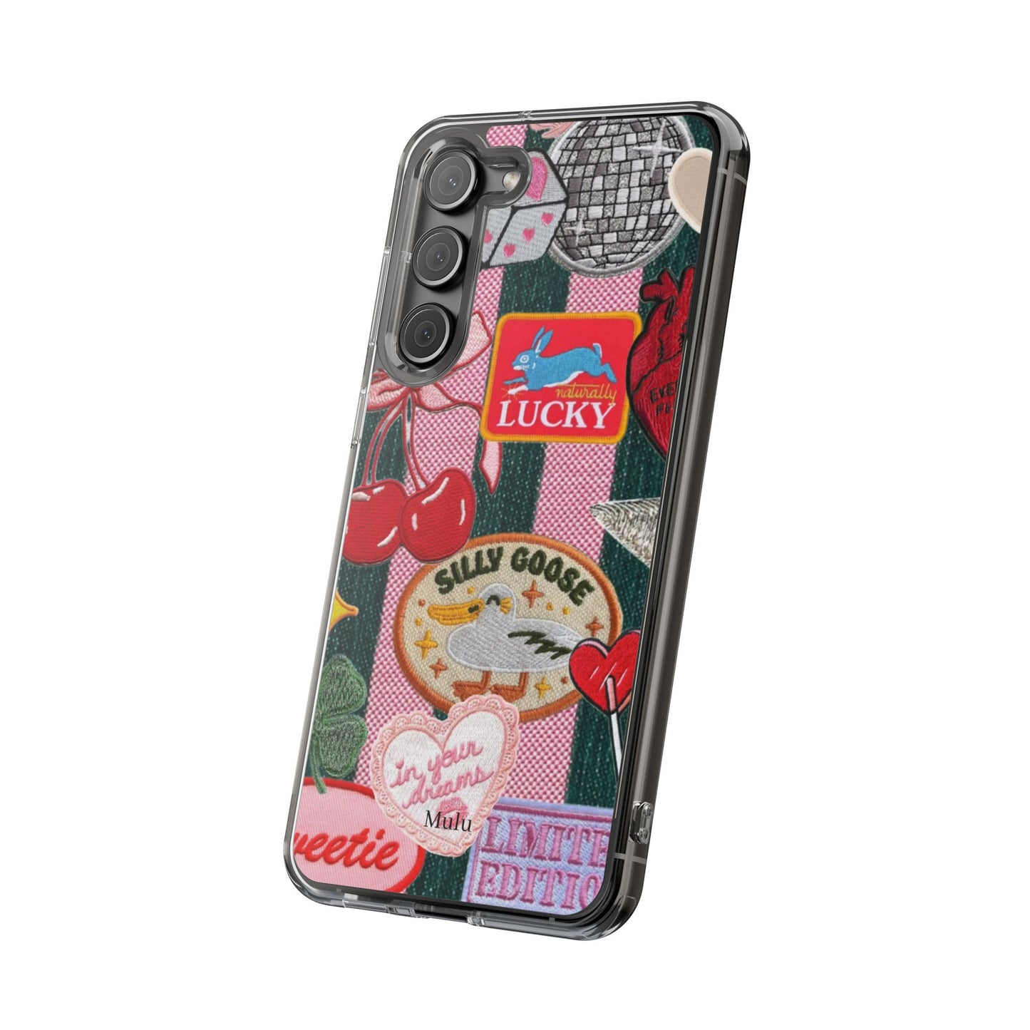 Clear Impact-Resistant Phone Case — Retro Patchwork Stickers (Lucky, Cherries, Silly Goose)