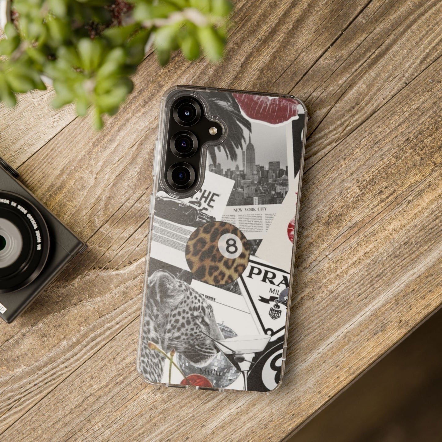 Clear Impact-Resistant Phone Case — Collage Luxury Leopard & Vintage Car Design