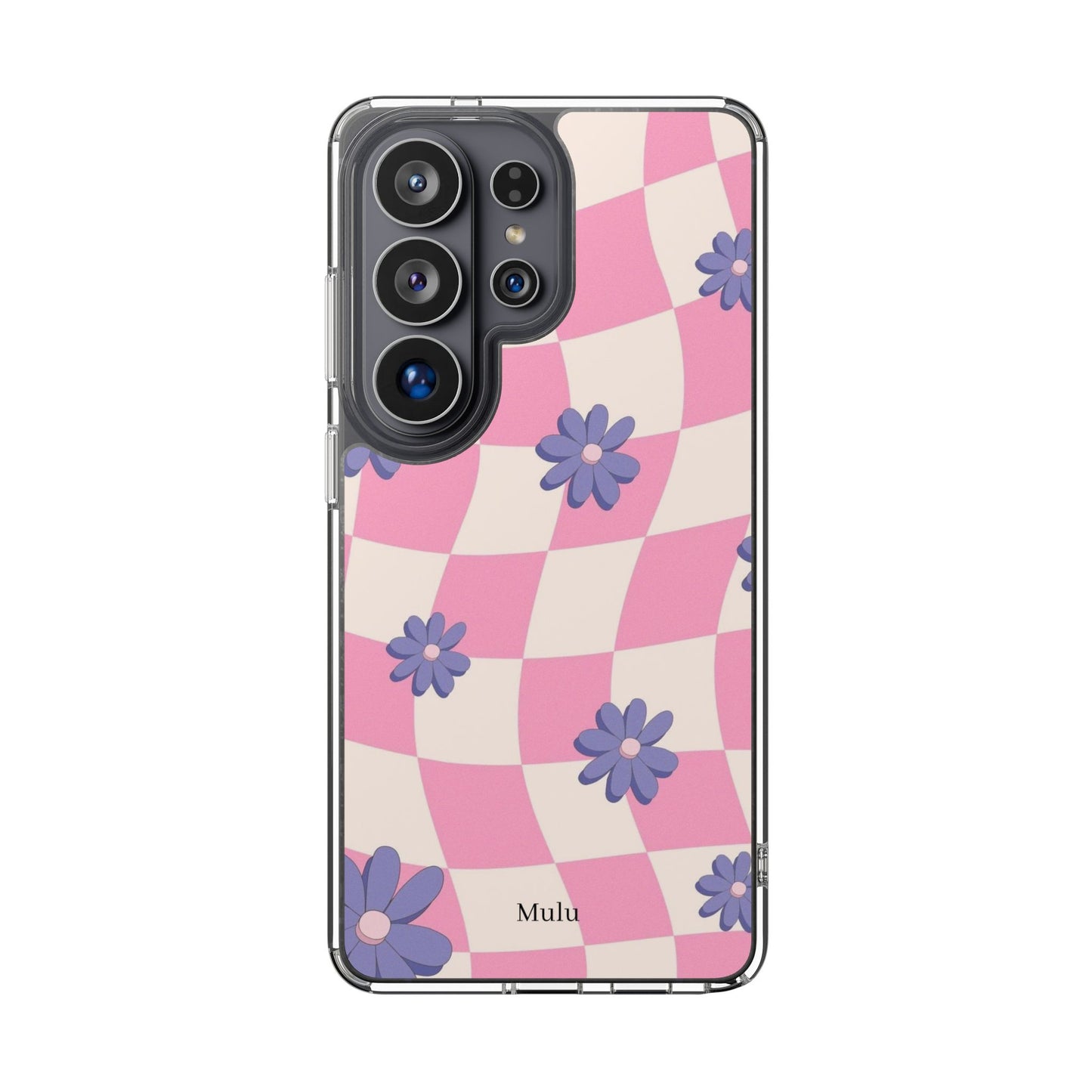 Clear Impact Phone Case — Pink Checkerboard with Purple Flowers