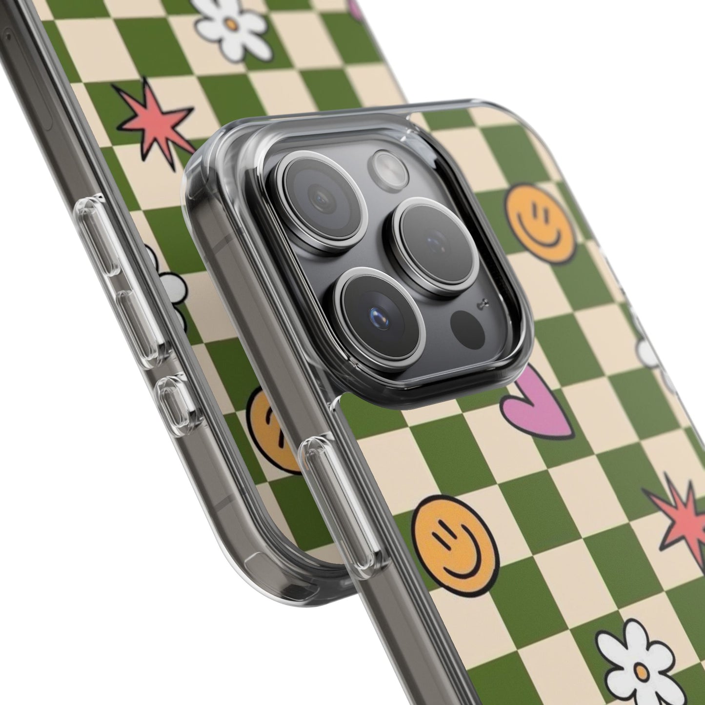 Clear Impact-Resistant Case — Retro Green Checkerboard with Smiley, Hearts & Flowers