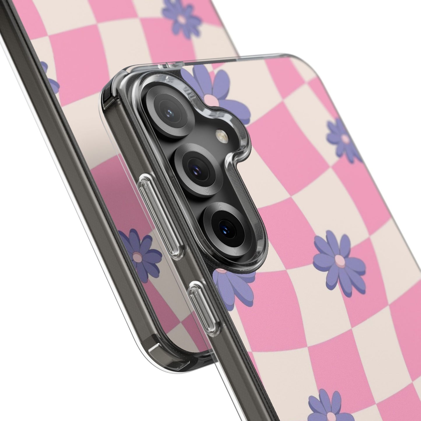 Clear Impact Phone Case — Pink Checkerboard with Purple Flowers