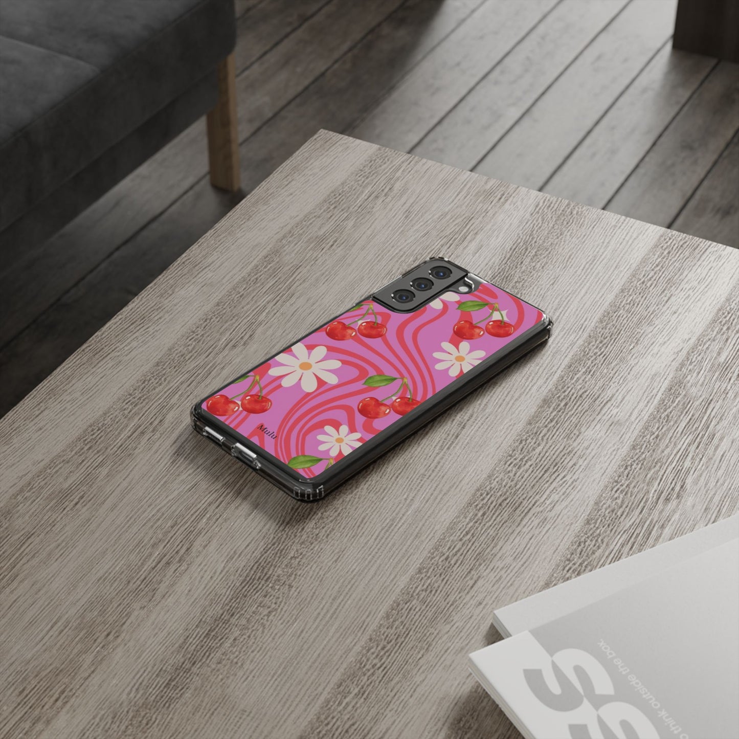 Clear Impact Phone Case — Retro Cherry & Daisy Floral Design