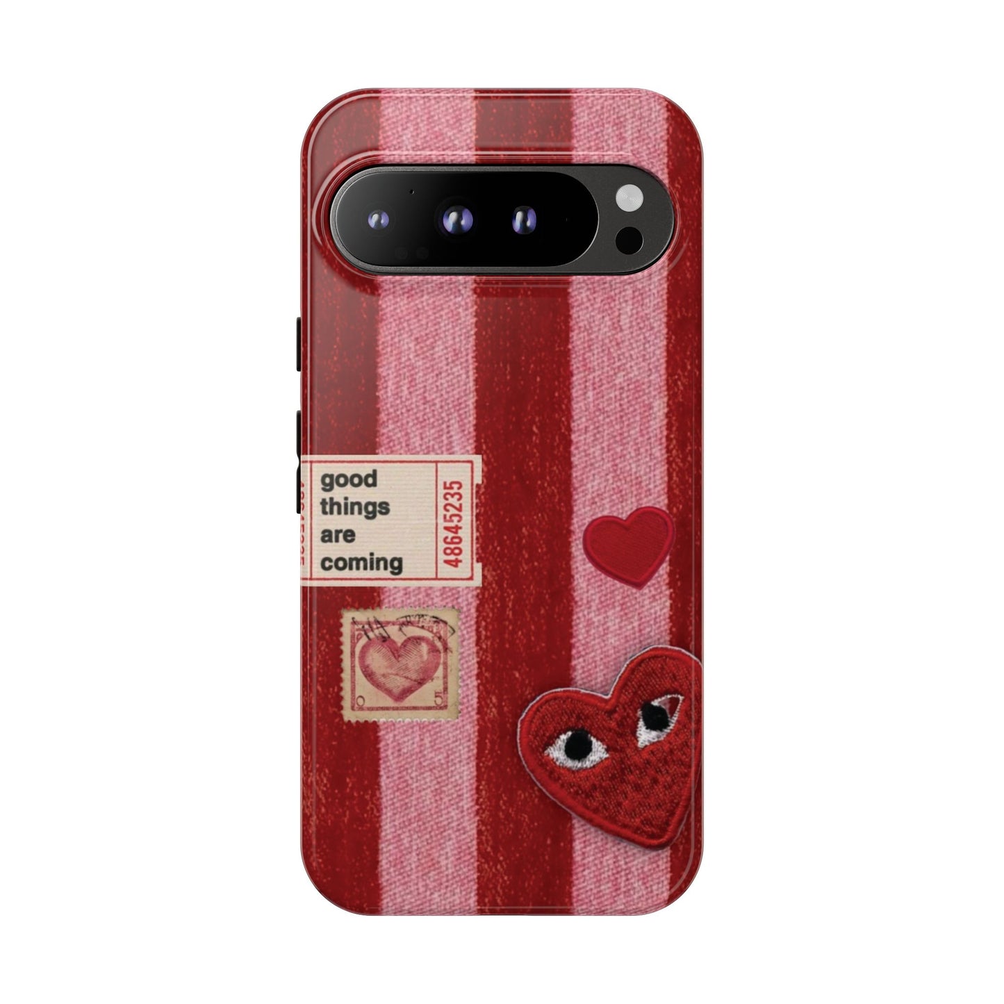 Phone Case — Red Striped Heart Design with “Good Things Are Coming”