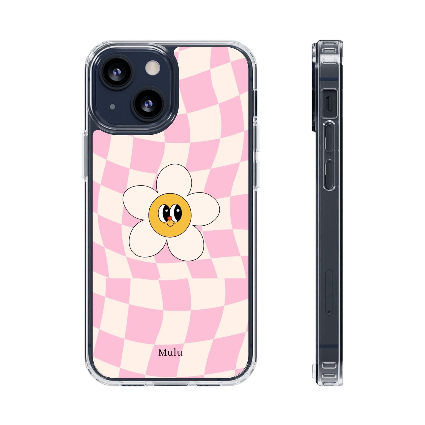 Clear Impact-Resistant Phone Case — Pink Checkerboard Daisy Design