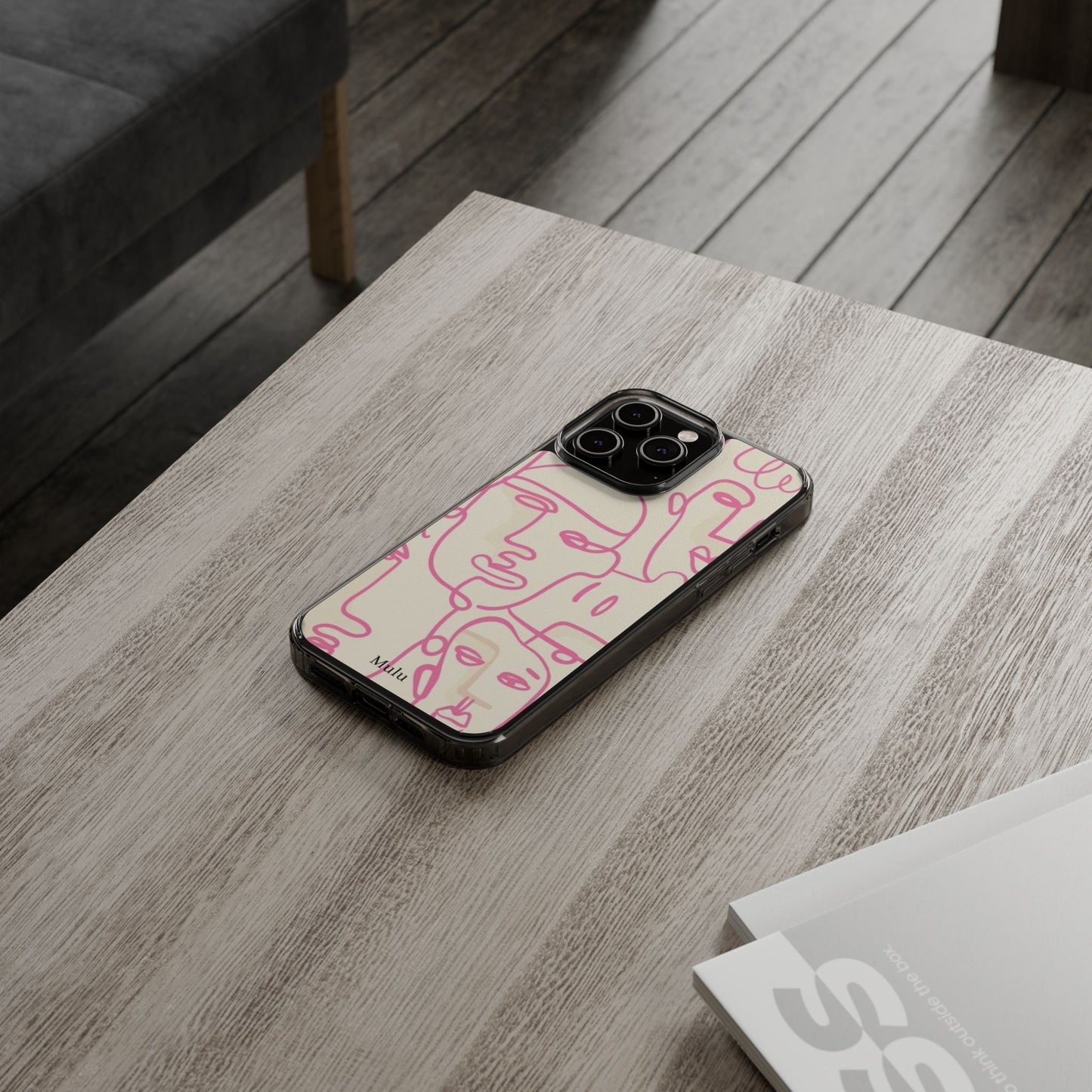 Clear Impact-Resistant Phone Case — Pink Minimalist Line Faces Design
