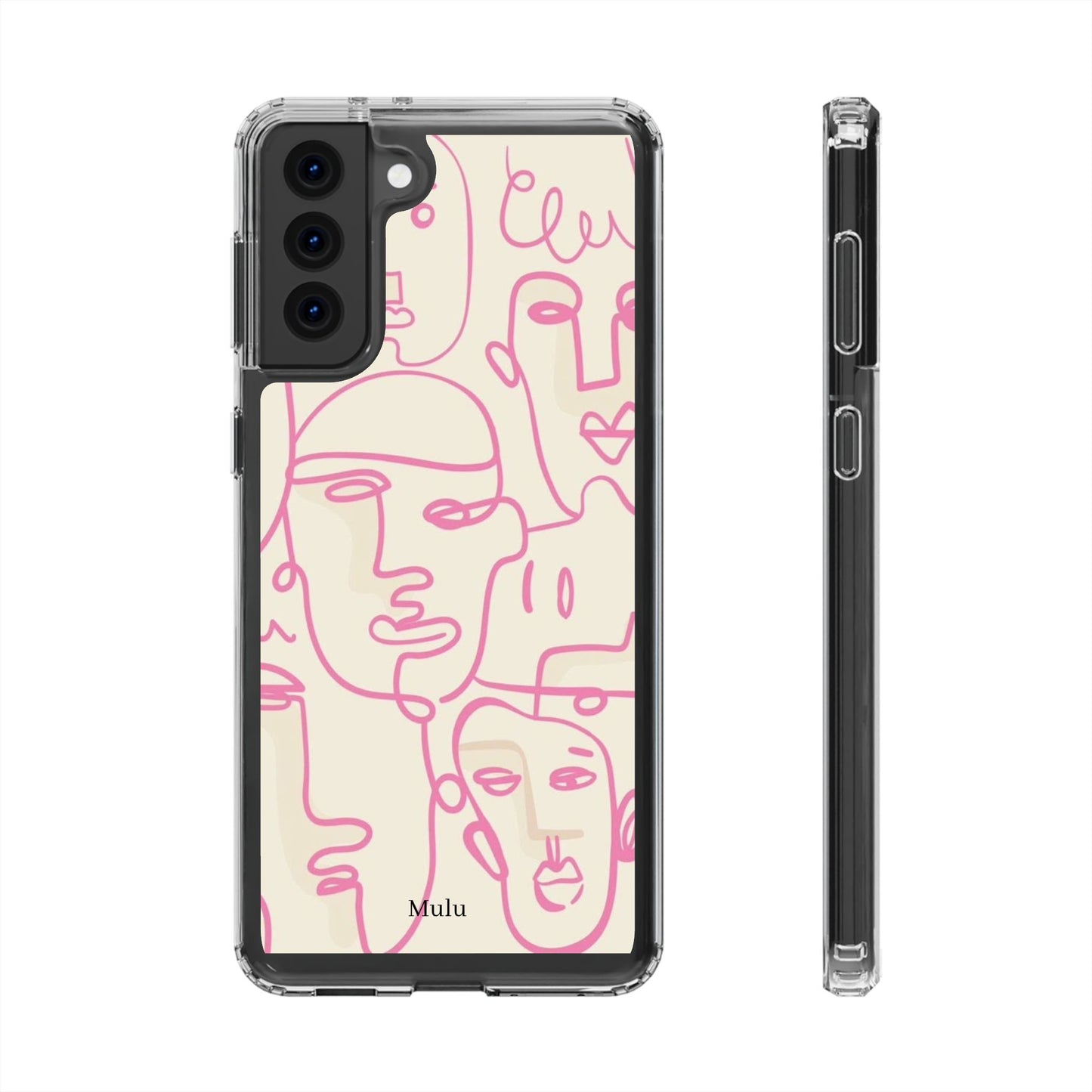 Clear Impact-Resistant Phone Case — Pink Minimalist Line Faces Design