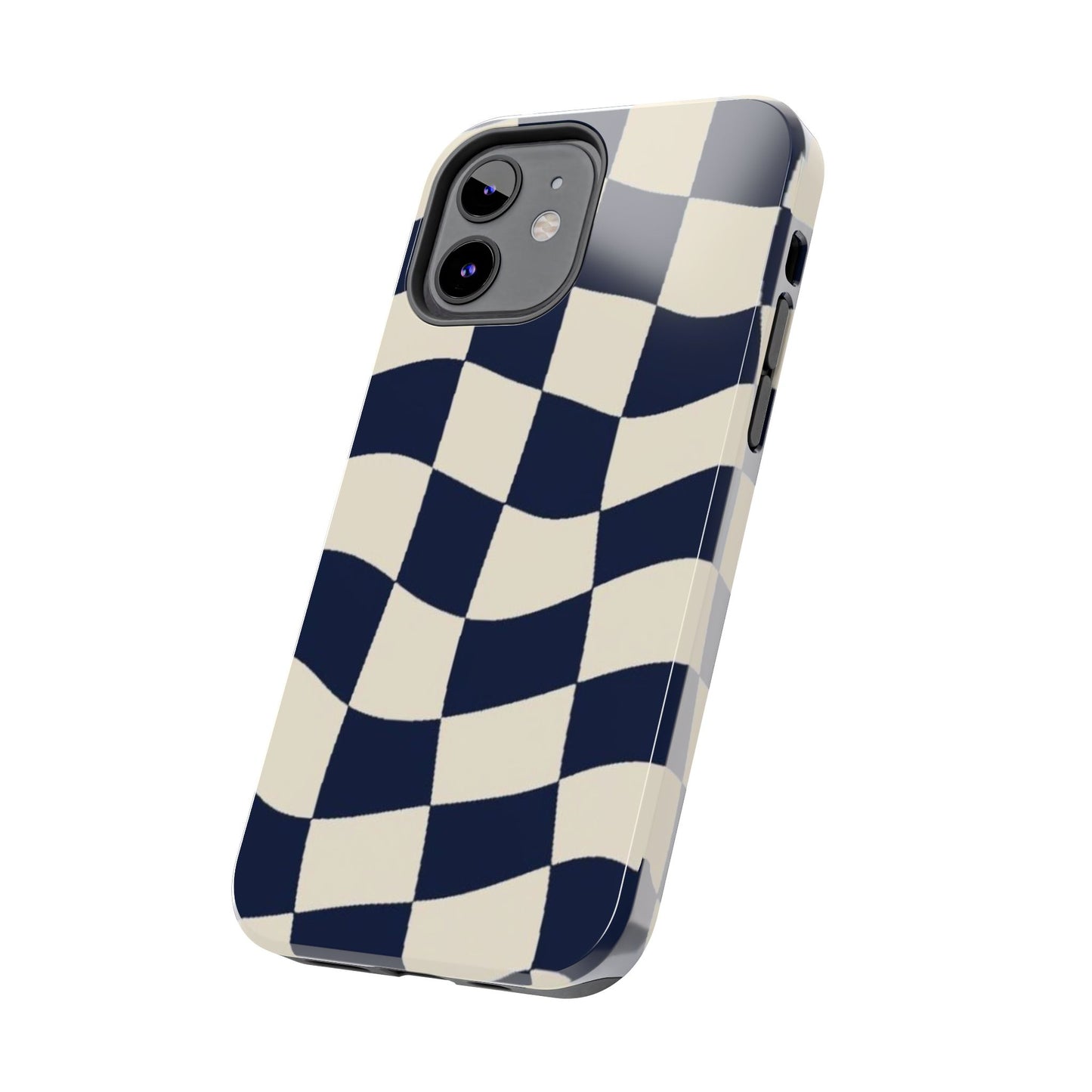 Wavy Checkerboard Tough Phone Case — Navy & Cream Protective Cover