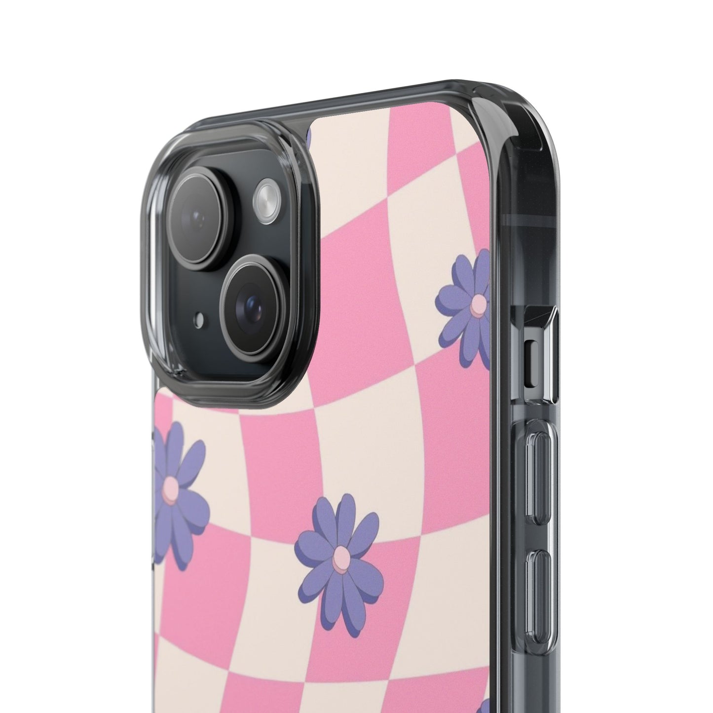 Clear Impact Phone Case — Pink Checkerboard with Purple Flowers