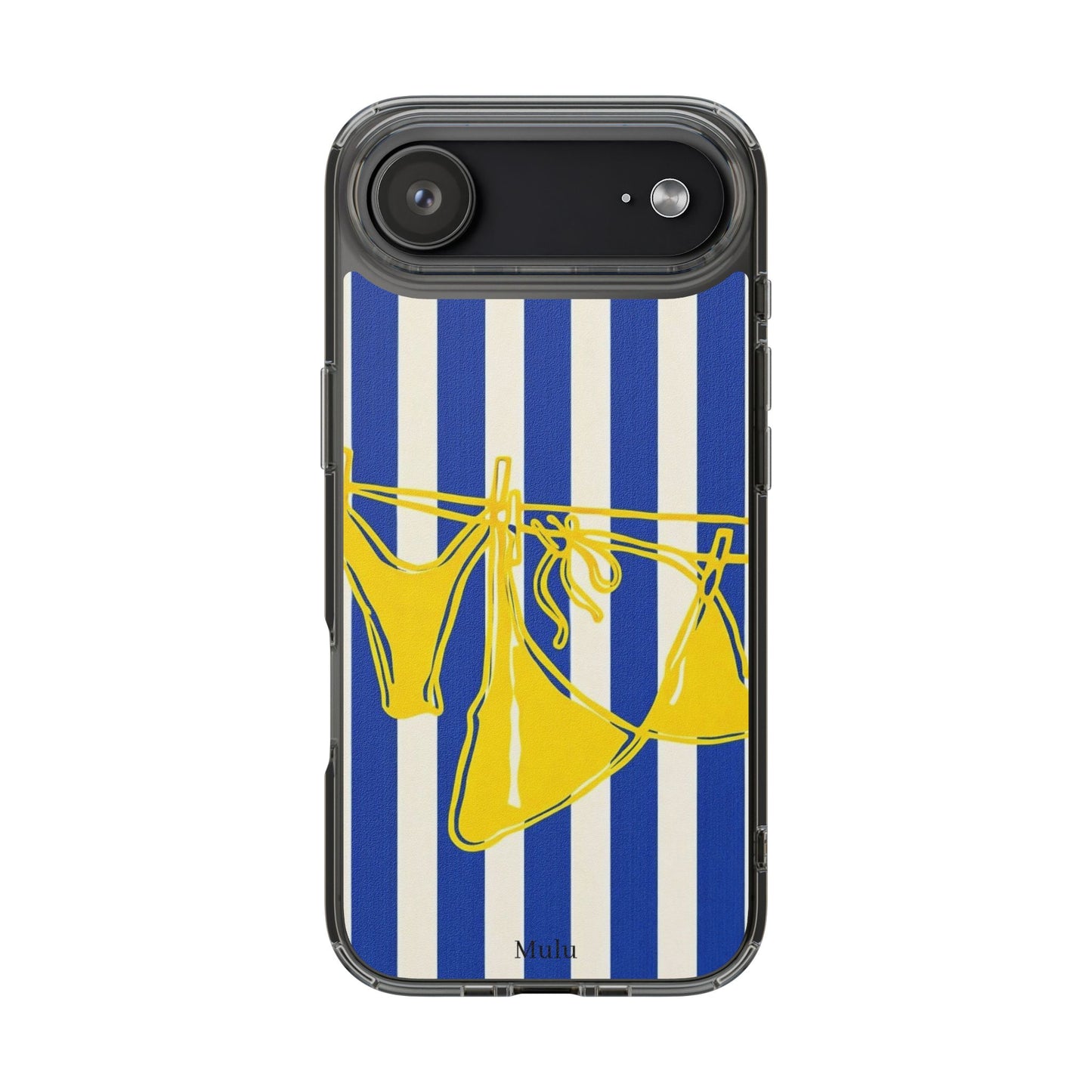 Striped Beach Bikini Phone Case — Yellow Swimwear on Blue & White Stripes, Clear Impact-Resistant