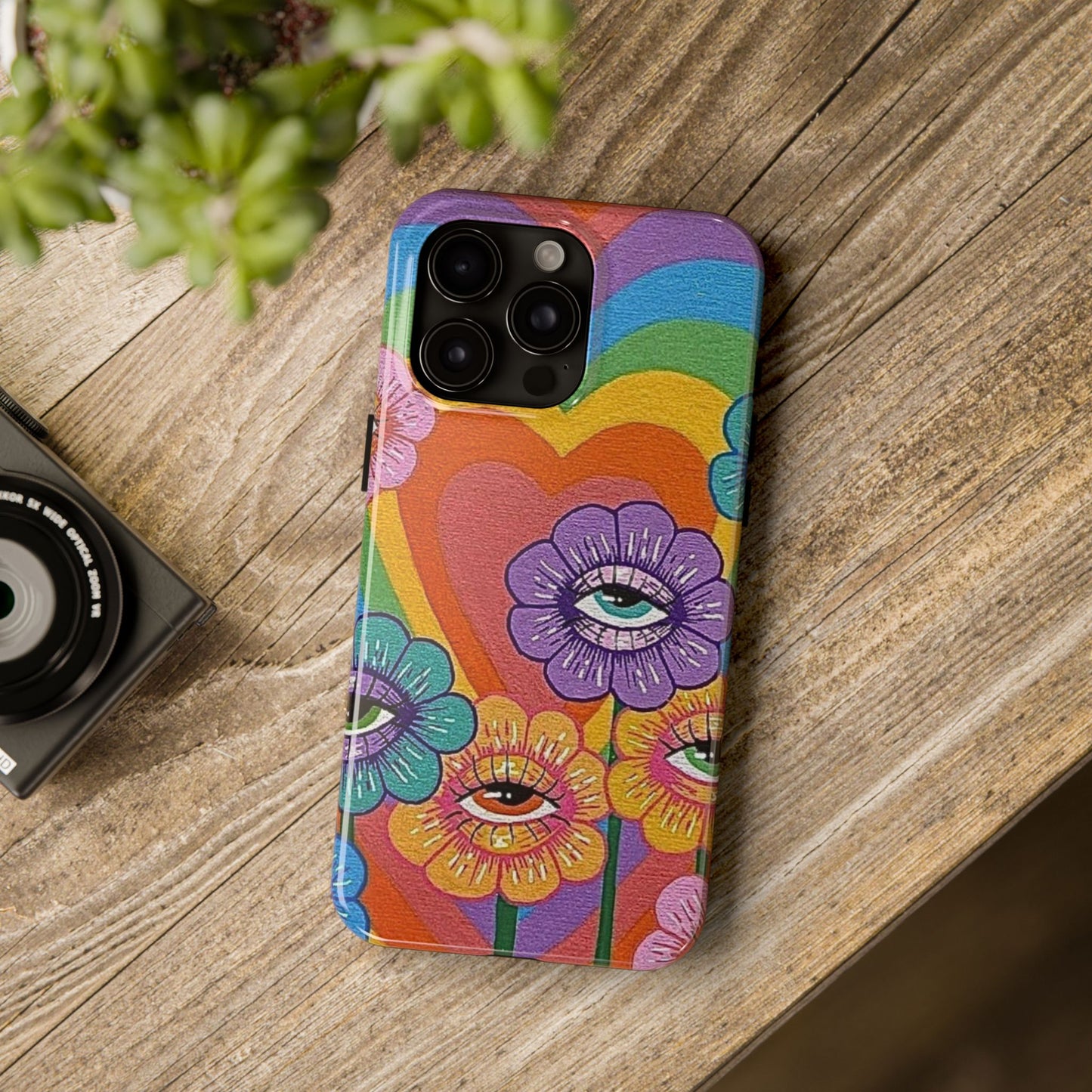 Psychedelic Eye Flower Tough Phone Case — Retro Rainbow Protective iPhone Cover