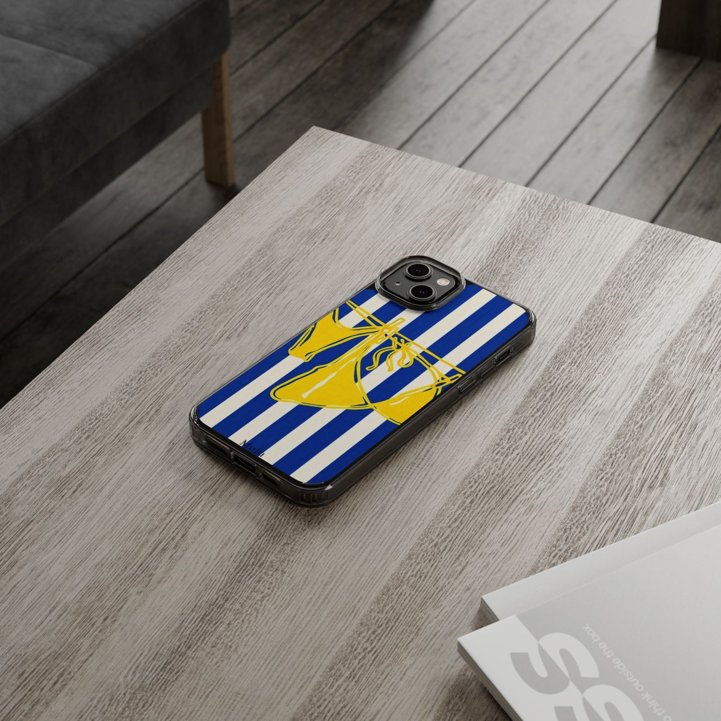 Striped Beach Bikini Phone Case — Yellow Swimwear on Blue & White Stripes, Clear Impact-Resistant