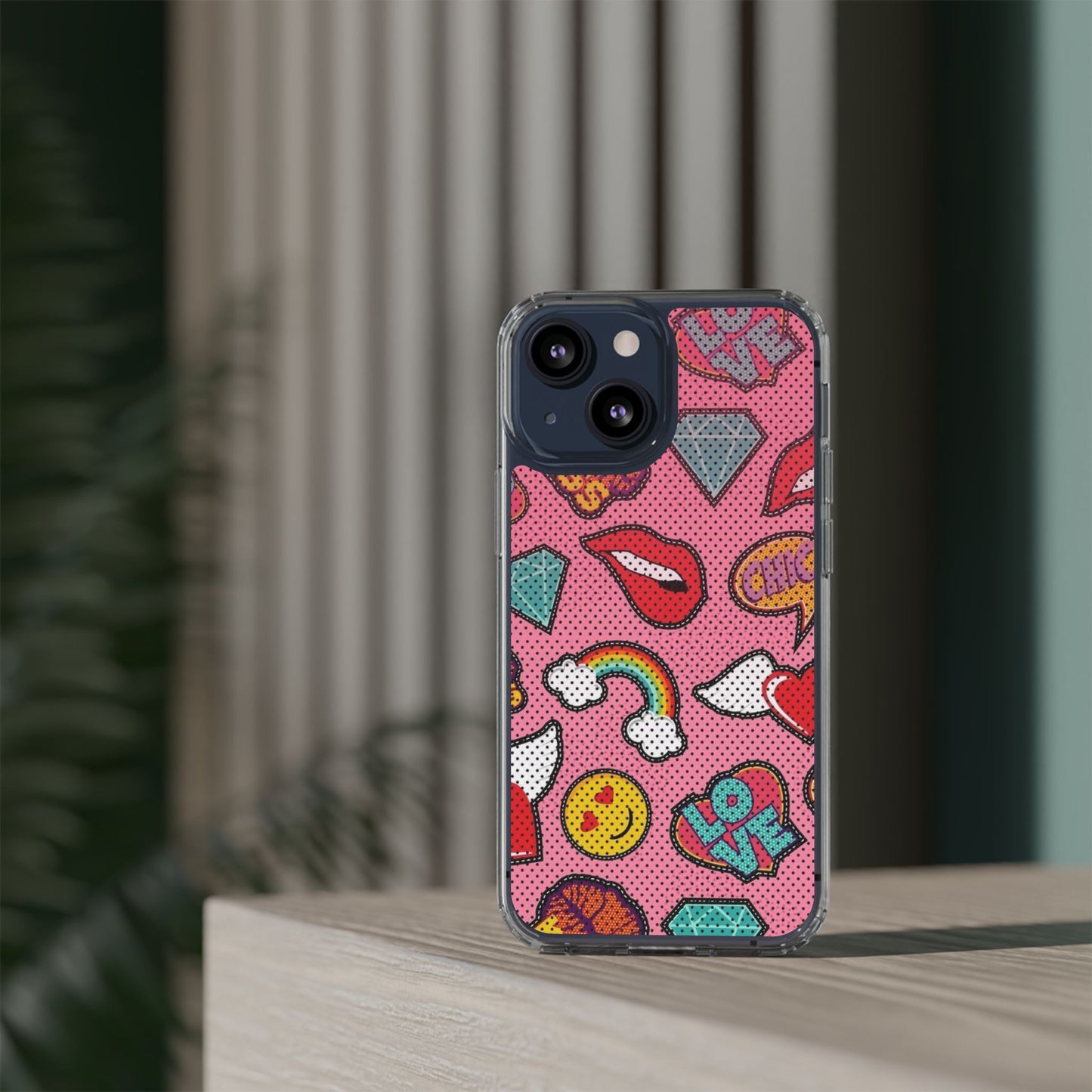 Clear Impact-Resistant Phone Case — Pink Pop Sticker Pattern (Hearts, Rainbows, Smileys)