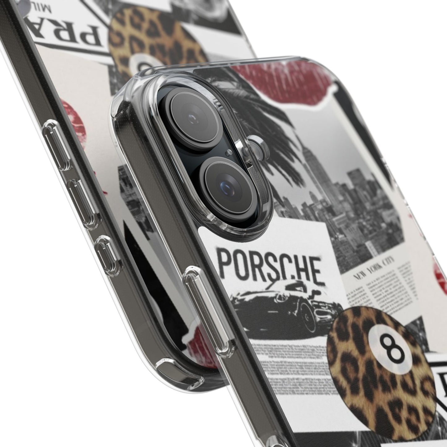 Clear Impact-Resistant Phone Case — Collage Luxury Leopard & Vintage Car Design