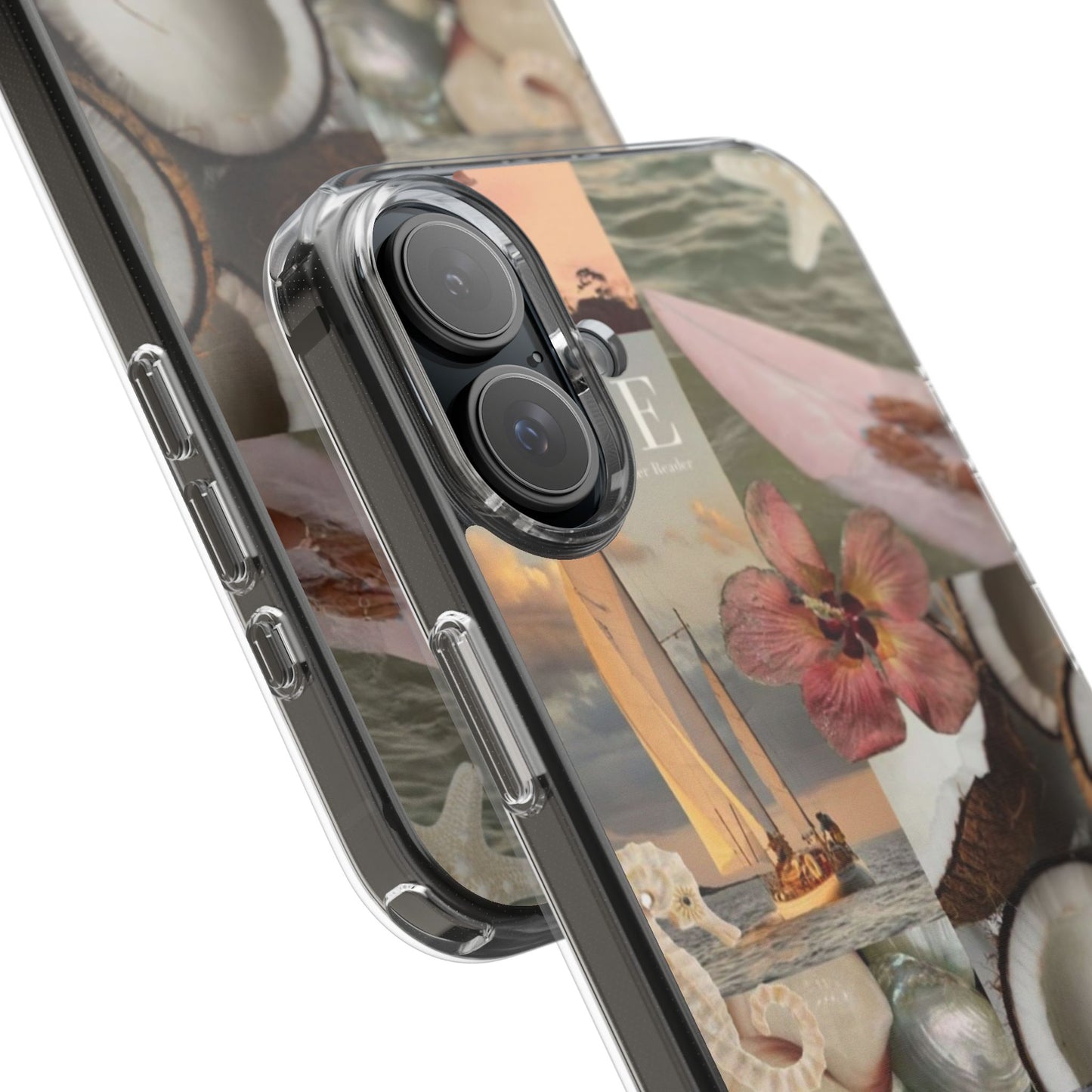 Clear Phone Case — Coastal Collage Shells & Surf Design